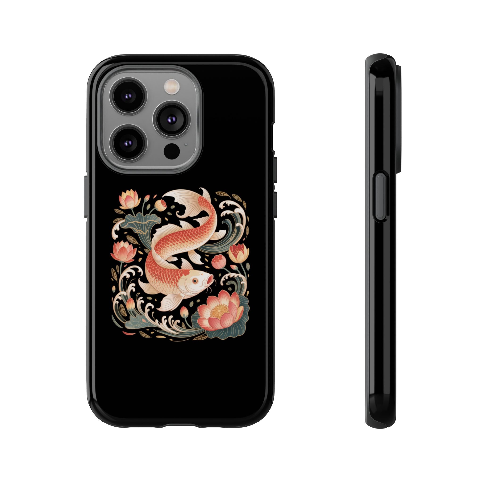 Koi Wave Tough Phone Case — Protective Black Case with Lotus & Koi Fish Tattoo Design