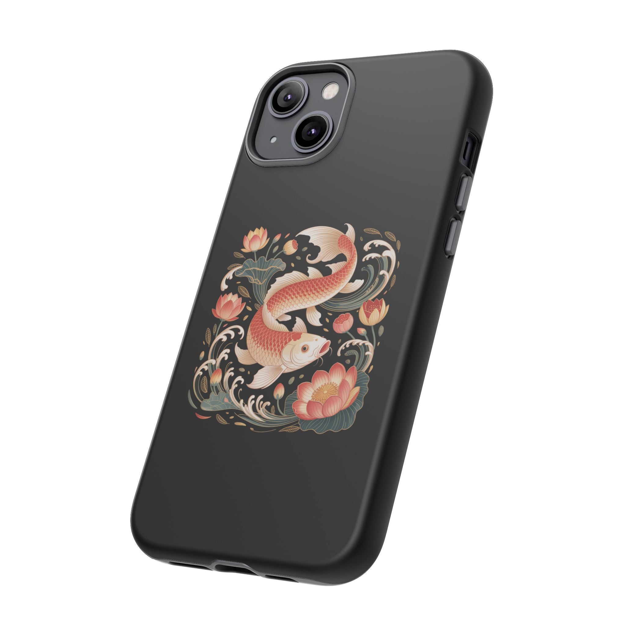 Koi Wave Tough Phone Case — Protective Black Case with Lotus & Koi Fish Tattoo Design