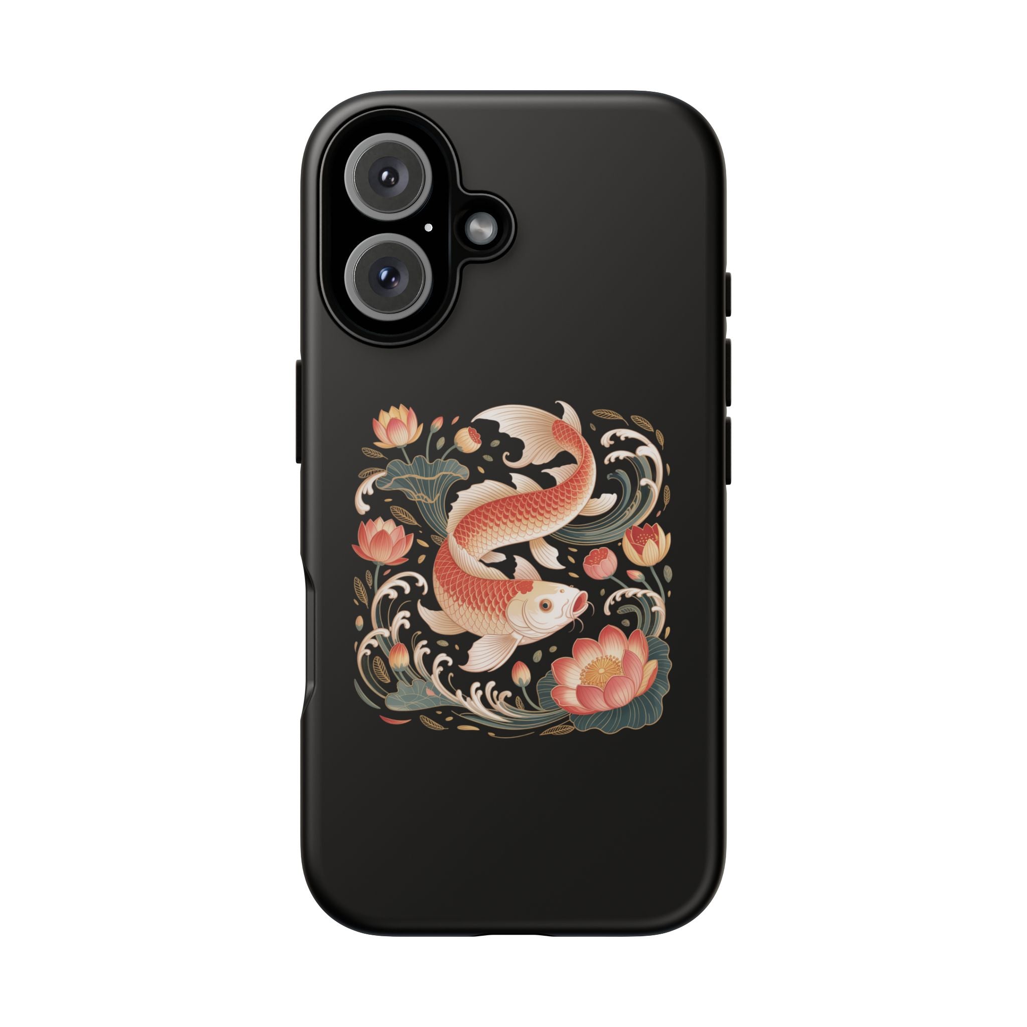 Koi Wave Tough Phone Case — Protective Black Case with Lotus & Koi Fish Tattoo Design