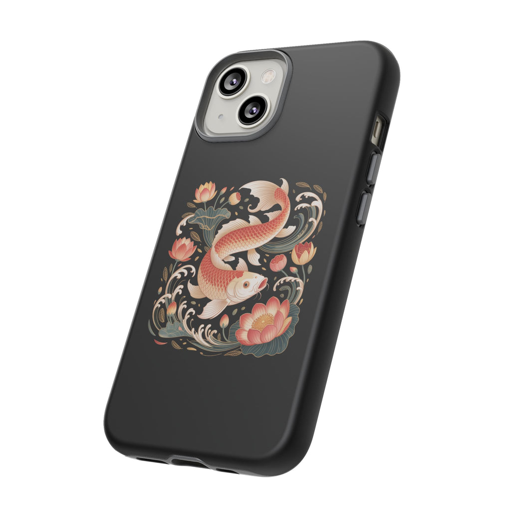 Koi Wave Tough Phone Case — Protective Black Case with Lotus & Koi Fish Tattoo Design