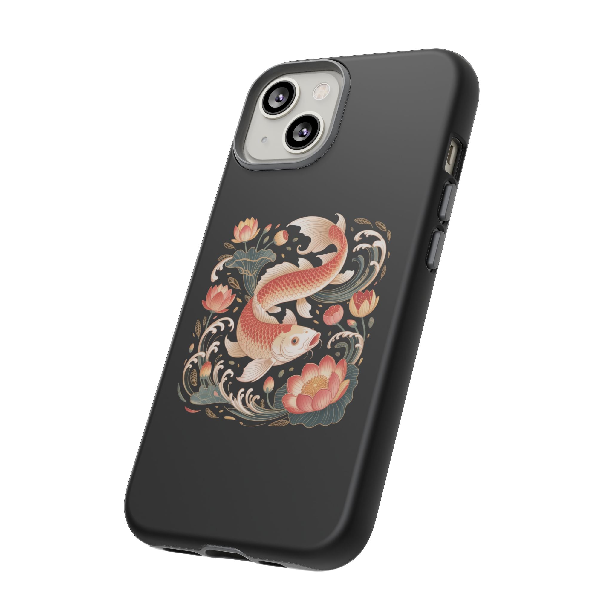 Koi Wave Tough Phone Case — Protective Black Case with Lotus & Koi Fish Tattoo Design