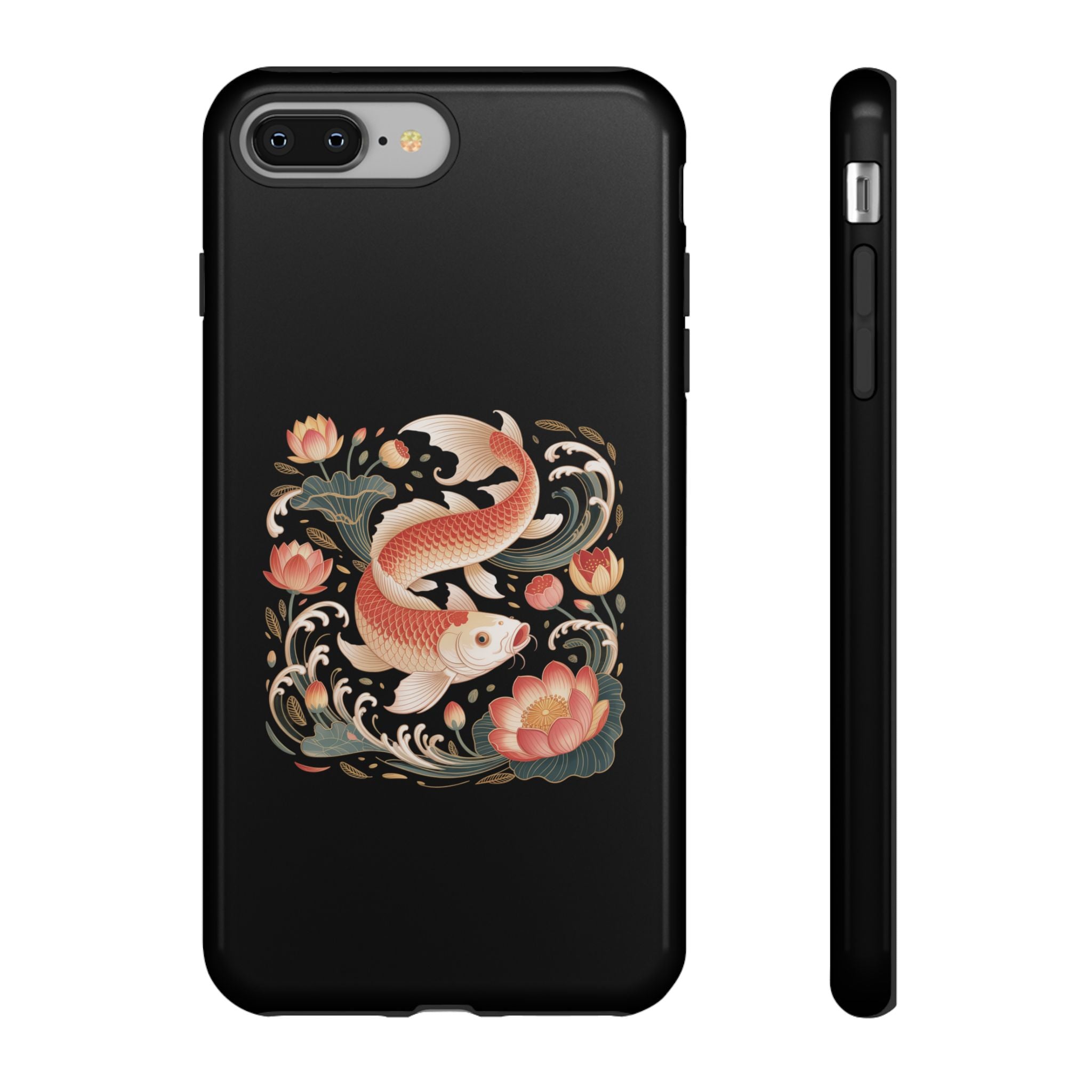 Koi Wave Tough Phone Case — Protective Black Case with Lotus & Koi Fish Tattoo Design