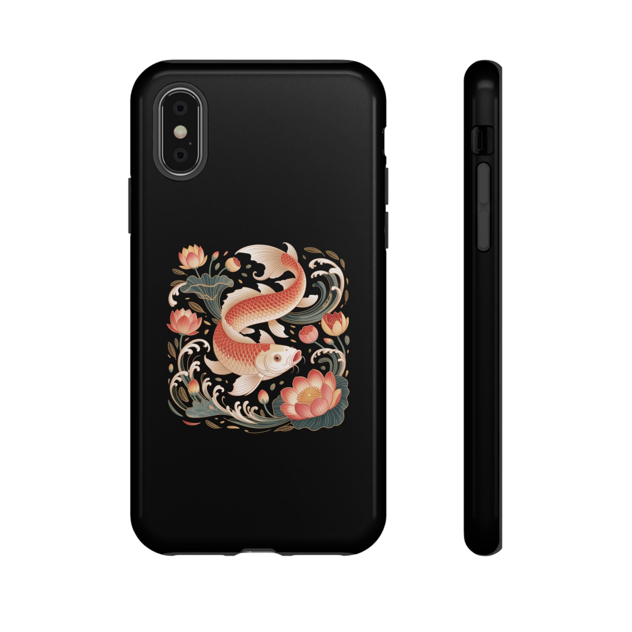 Koi Wave Tough Phone Case — Protective Black Case with Lotus & Koi Fish Tattoo Design