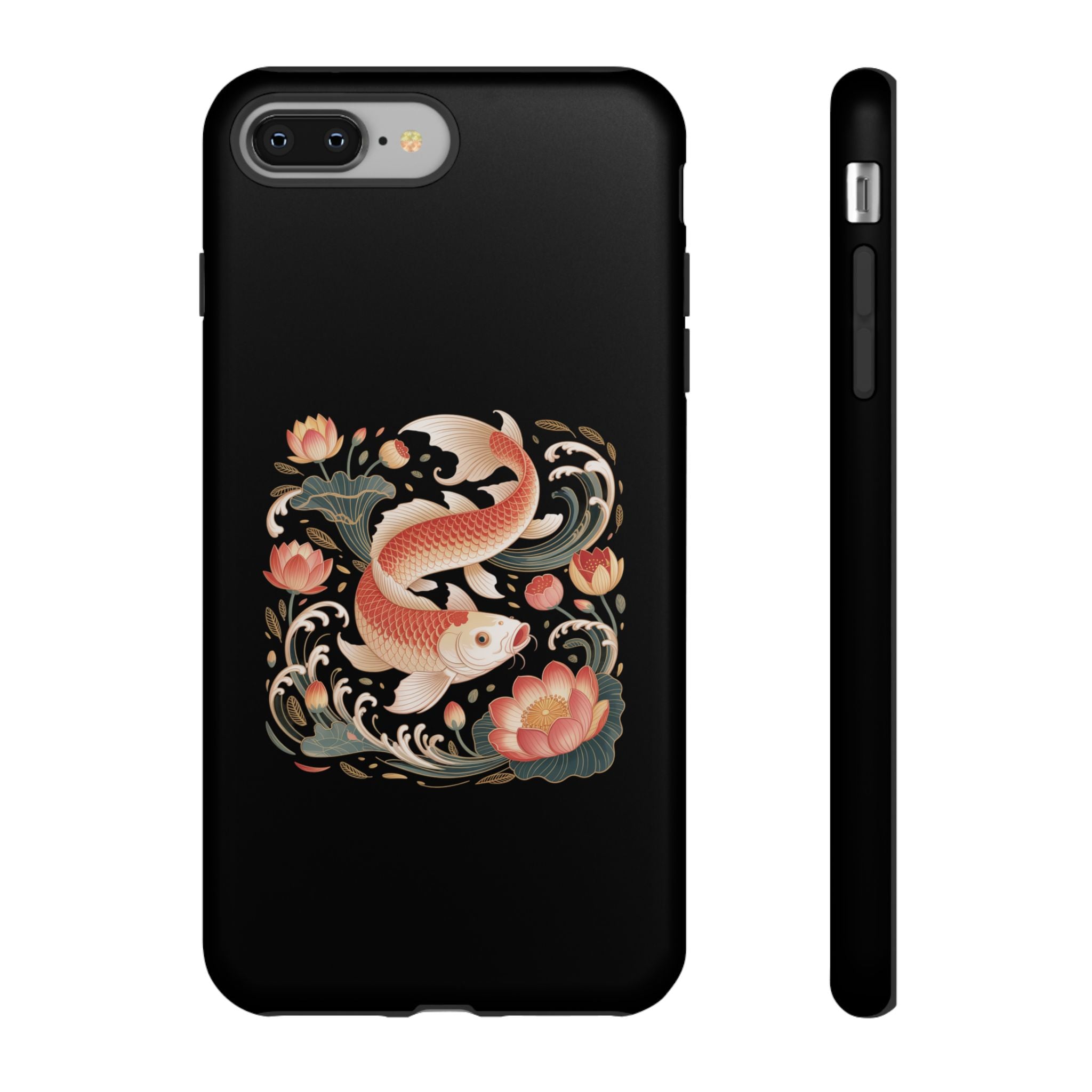 Koi Wave Tough Phone Case — Protective Black Case with Lotus & Koi Fish Tattoo Design