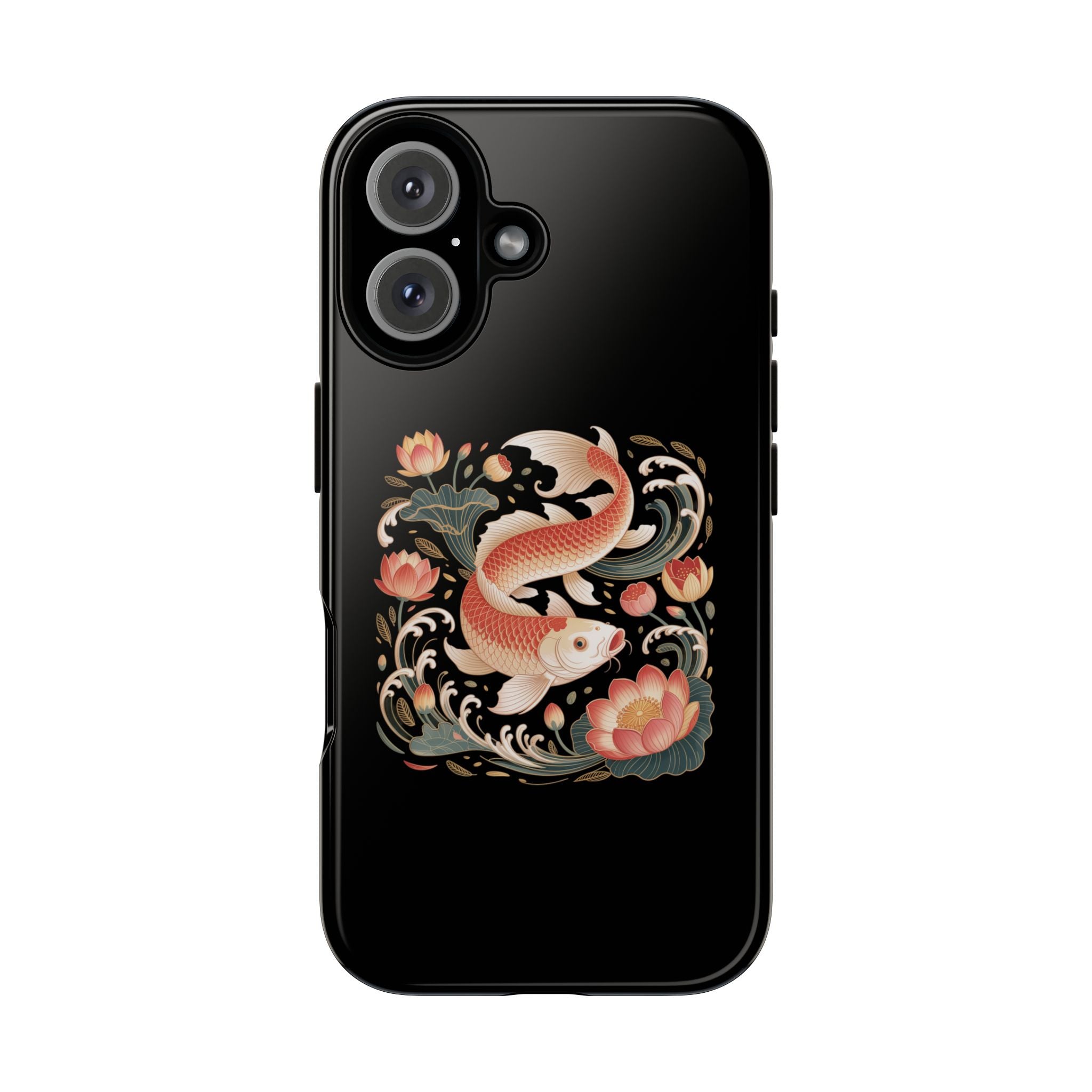 Koi Wave Tough Phone Case — Protective Black Case with Lotus & Koi Fish Tattoo Design