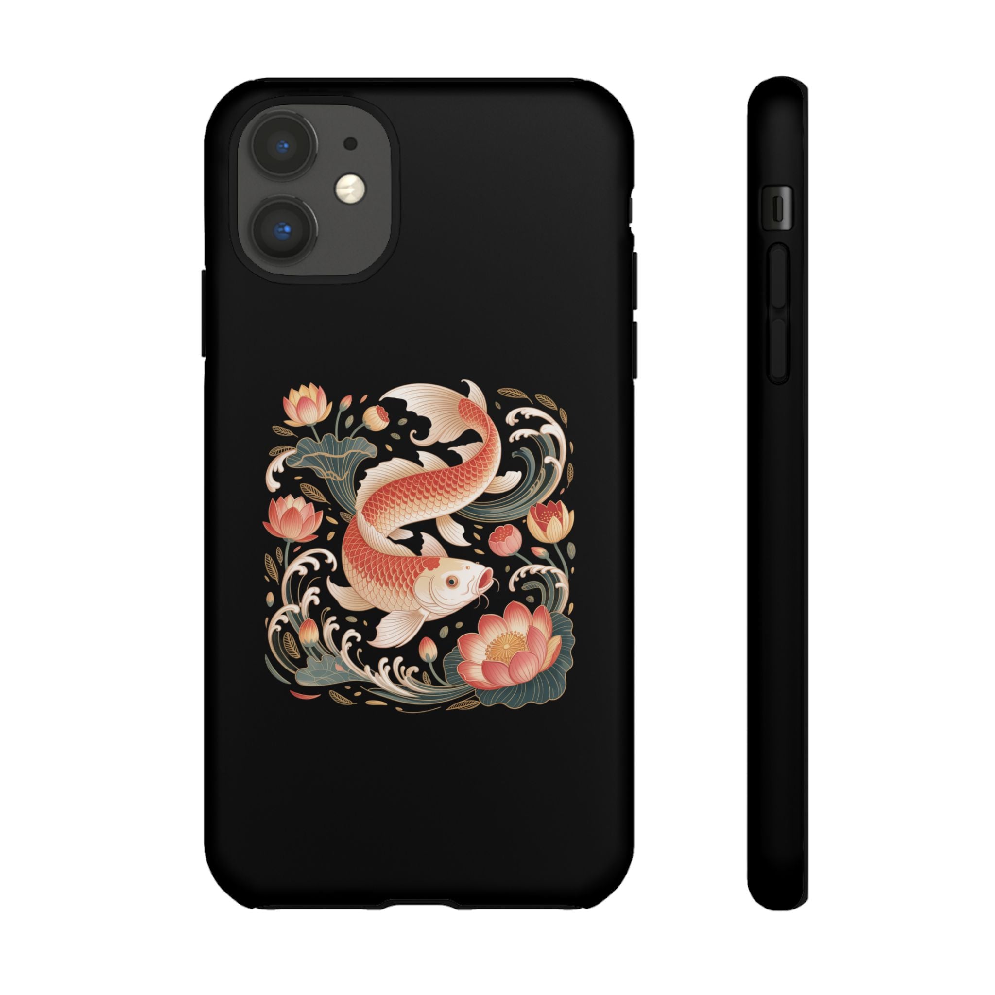 Koi Wave Tough Phone Case — Protective Black Case with Lotus & Koi Fish Tattoo Design