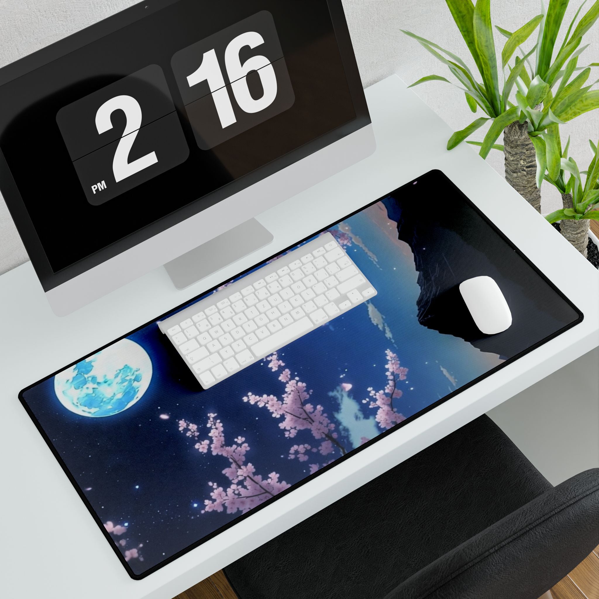 Cherry Blossom Moon Desk Mat — Anime Nightscape Gaming & Office Mousepad