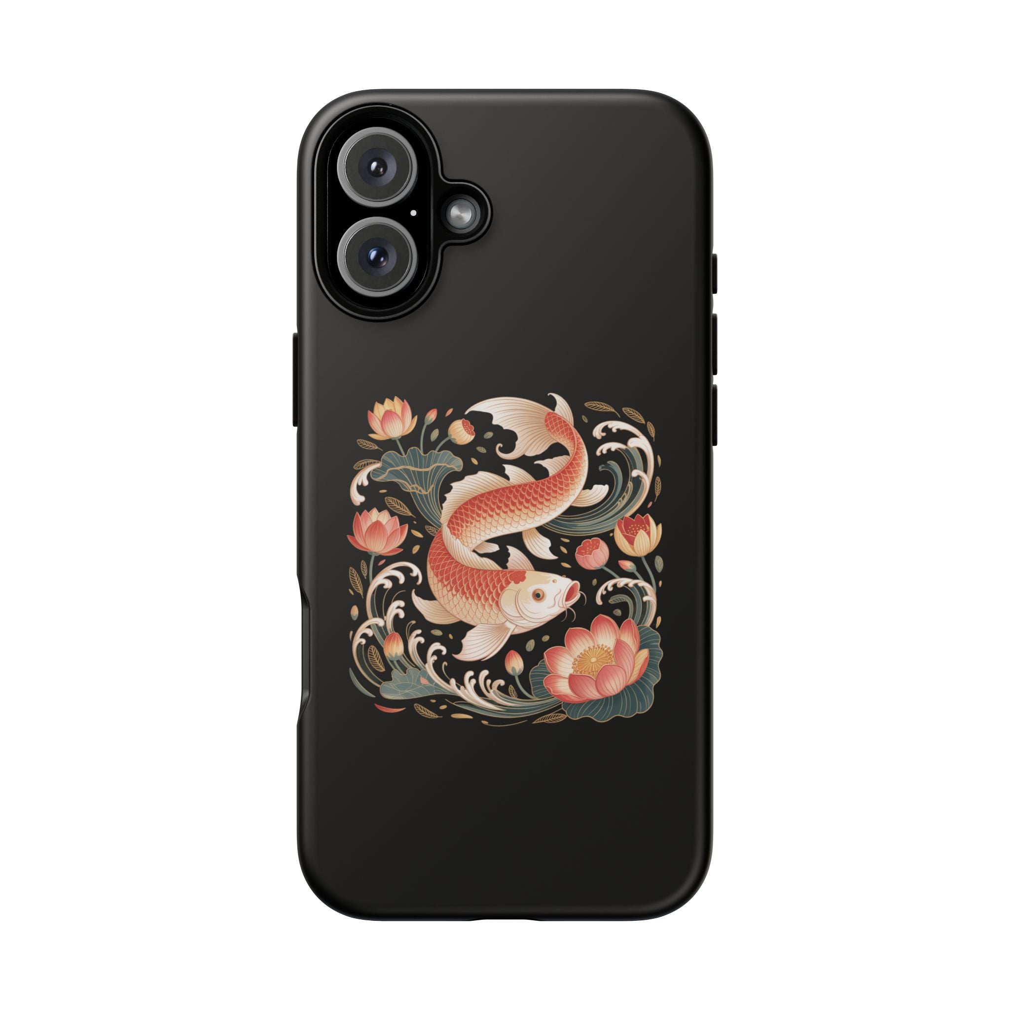 Koi Wave Tough Phone Case — Protective Black Case with Lotus & Koi Fish Tattoo Design