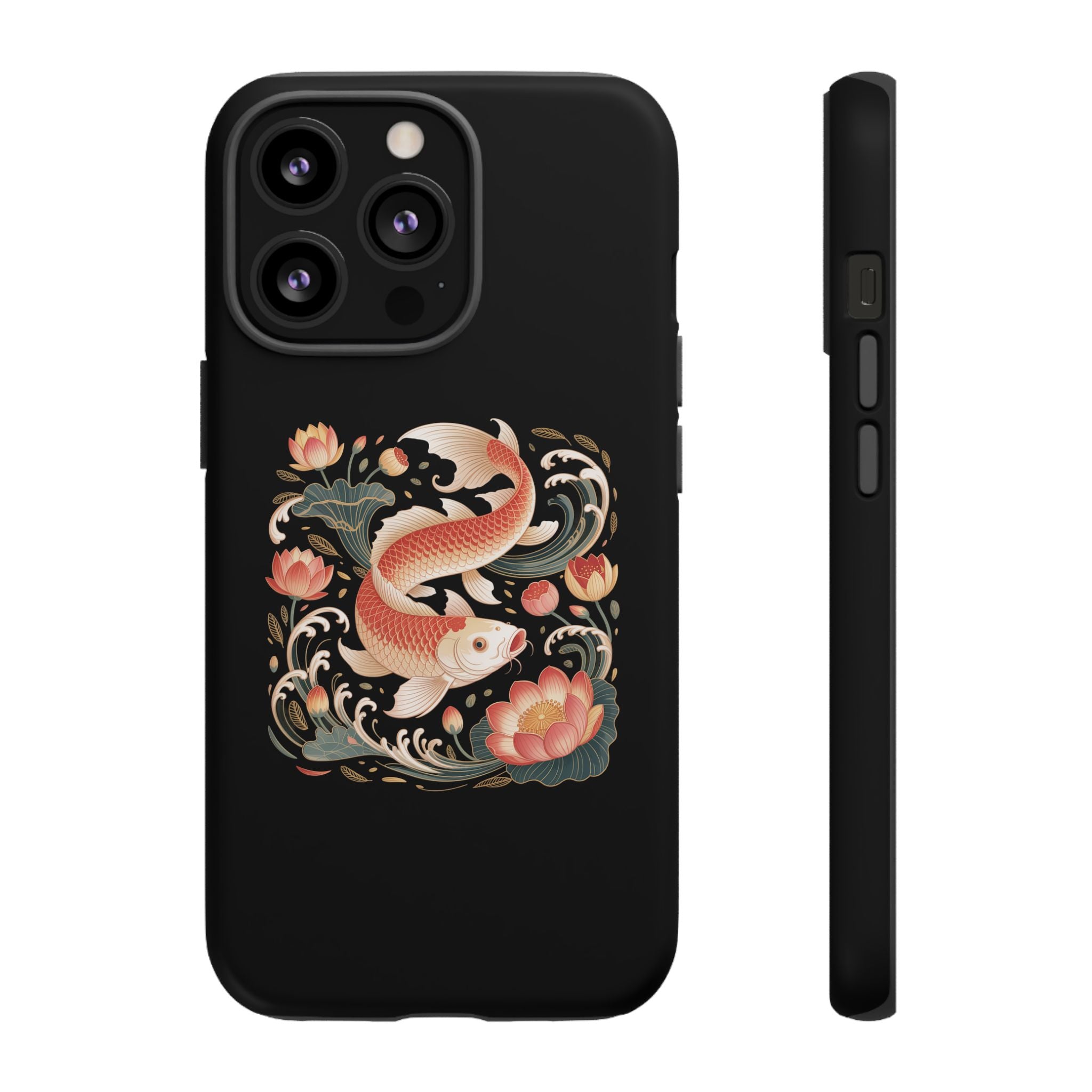 Koi Wave Tough Phone Case — Protective Black Case with Lotus & Koi Fish Tattoo Design