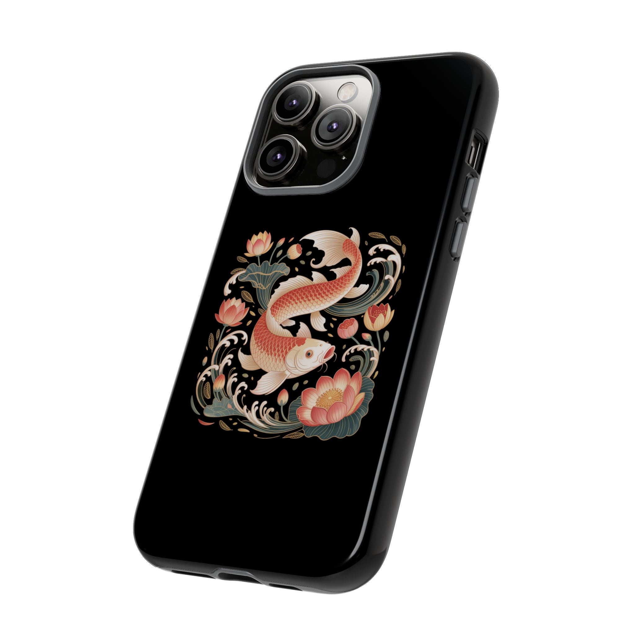 Koi Wave Tough Phone Case — Protective Black Case with Lotus & Koi Fish Tattoo Design