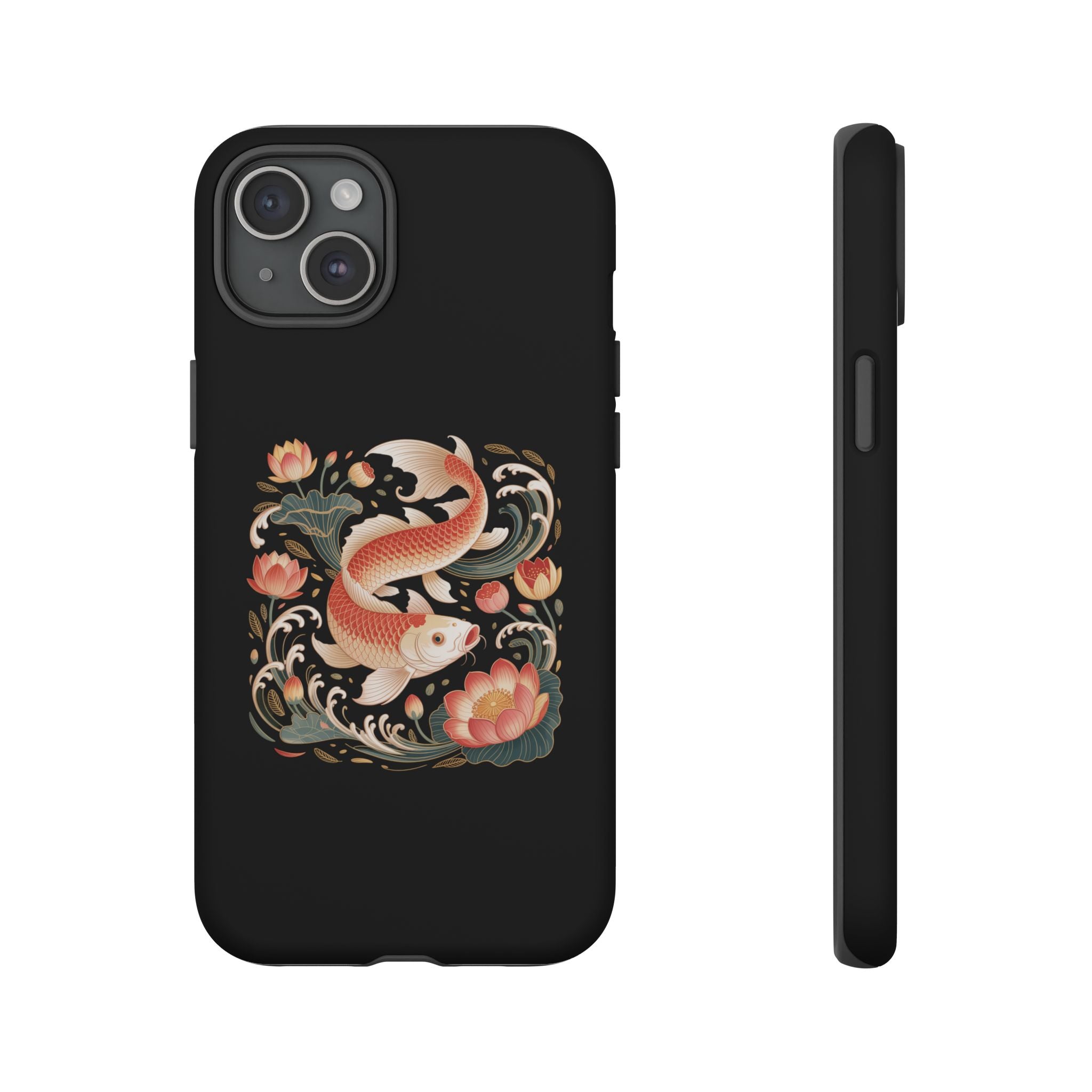 Koi Wave Tough Phone Case — Protective Black Case with Lotus & Koi Fish Tattoo Design
