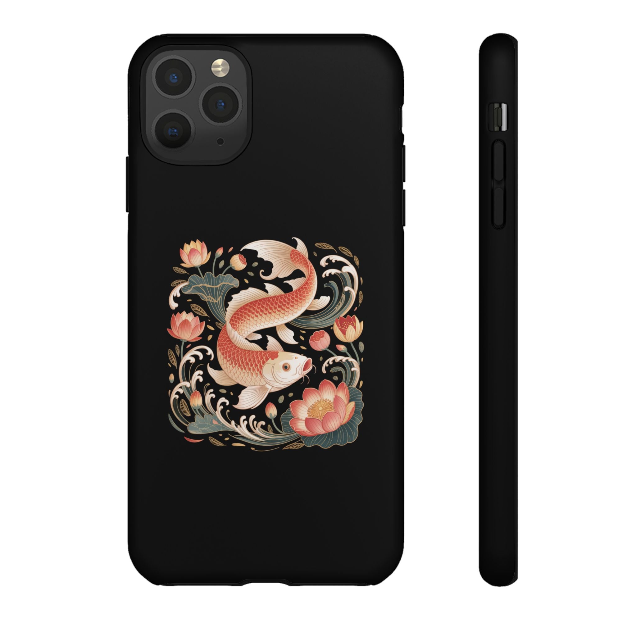 Koi Wave Tough Phone Case — Protective Black Case with Lotus & Koi Fish Tattoo Design