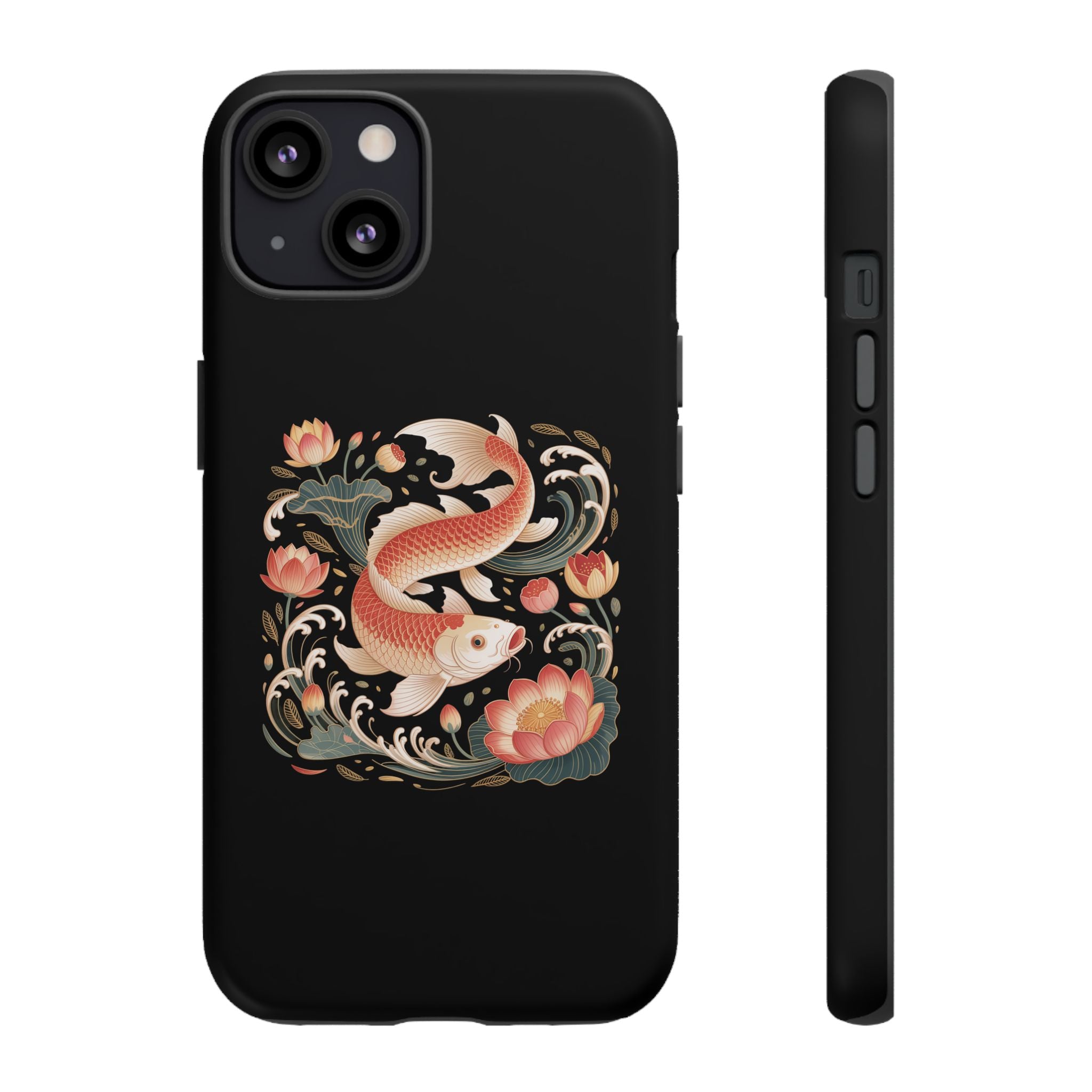 Koi Wave Tough Phone Case — Protective Black Case with Lotus & Koi Fish Tattoo Design