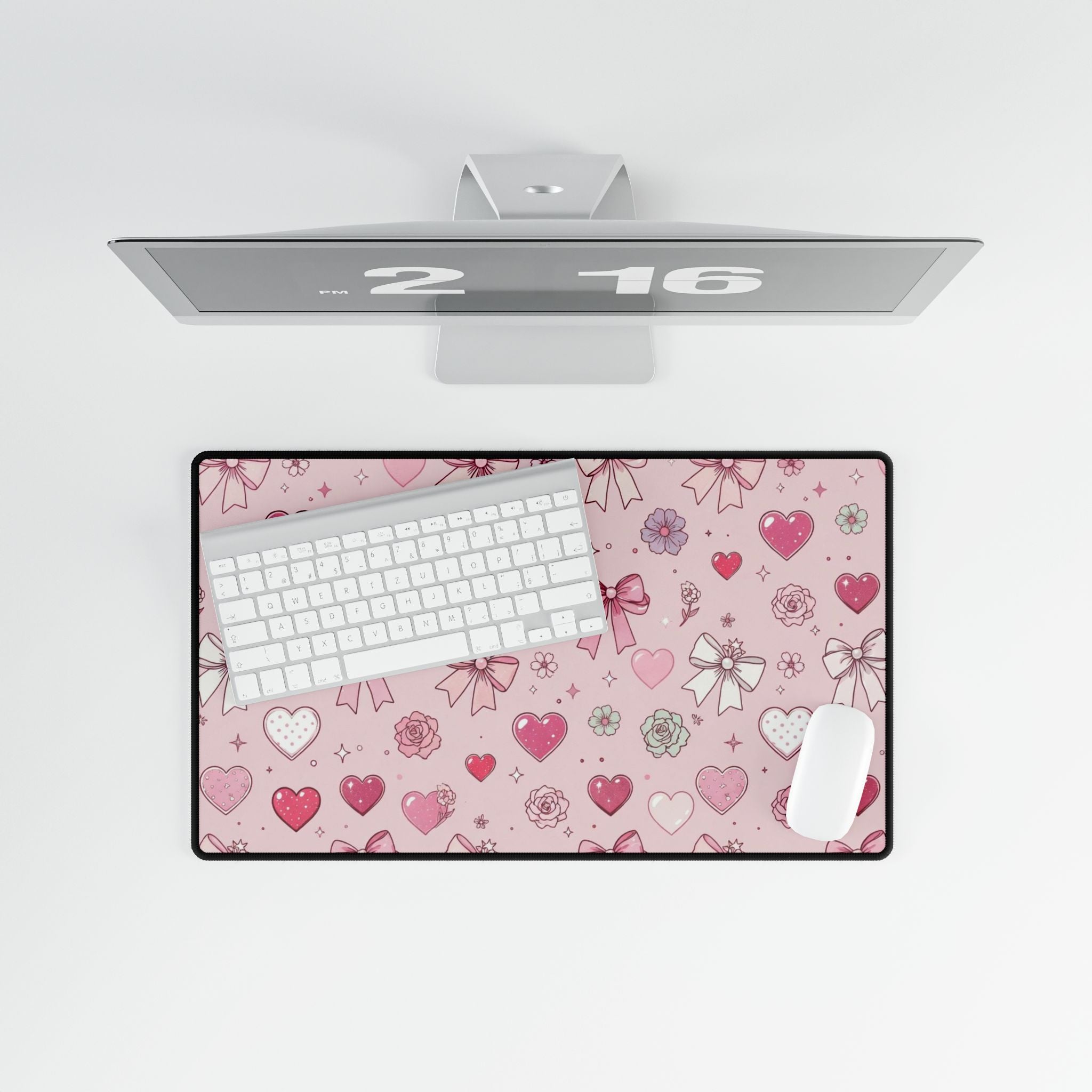 Pink Hearts & Bows Desk Mat — Cute Romantic XL Mouse Pad for Valentine’s