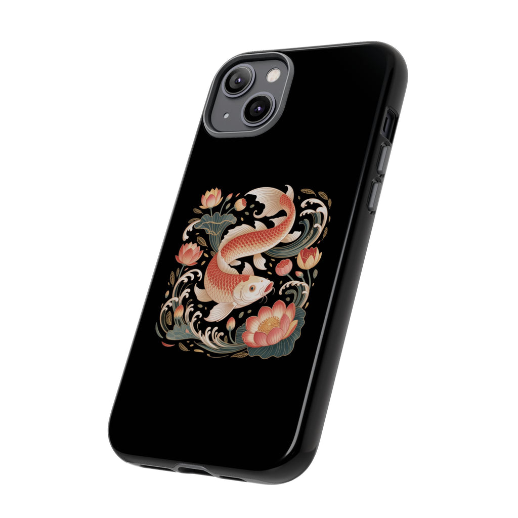 Koi Wave Tough Phone Case — Protective Black Case with Lotus & Koi Fish Tattoo Design