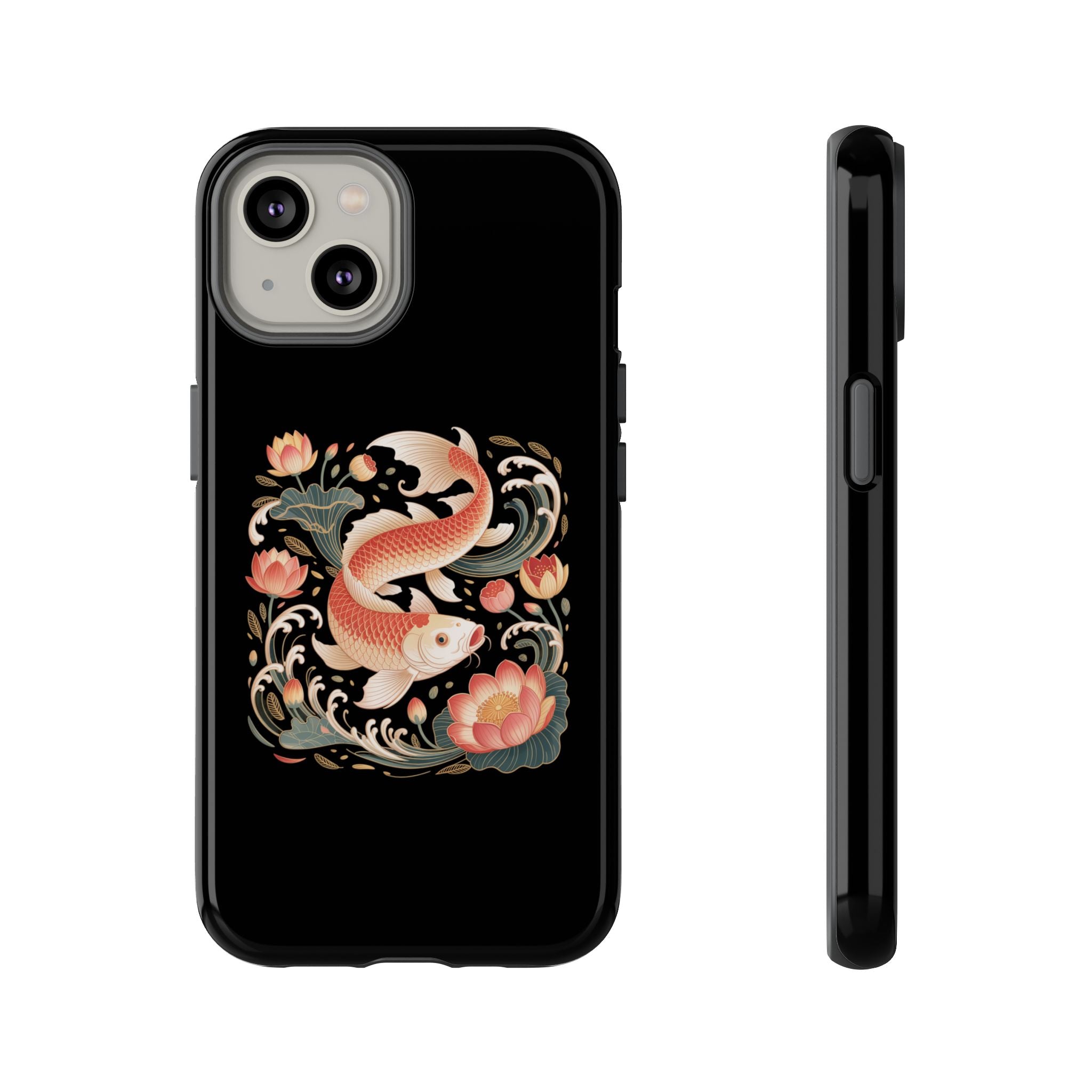 Koi Wave Tough Phone Case — Protective Black Case with Lotus & Koi Fish Tattoo Design