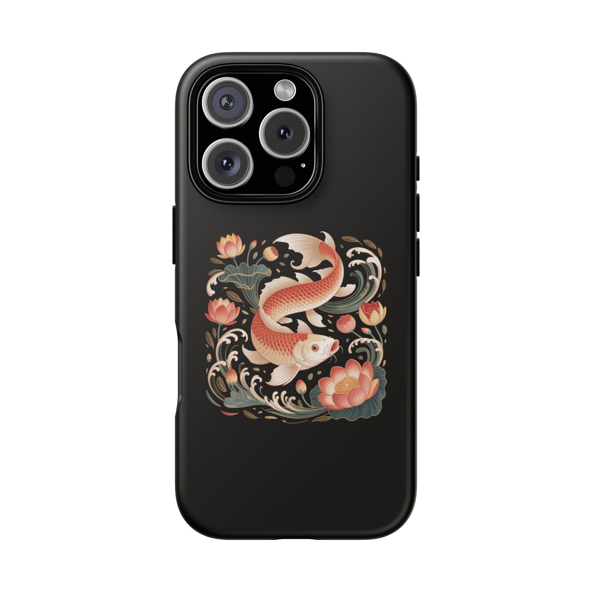 Koi Wave Tough Phone Case — Protective Black Case with Lotus & Koi Fish Tattoo Design