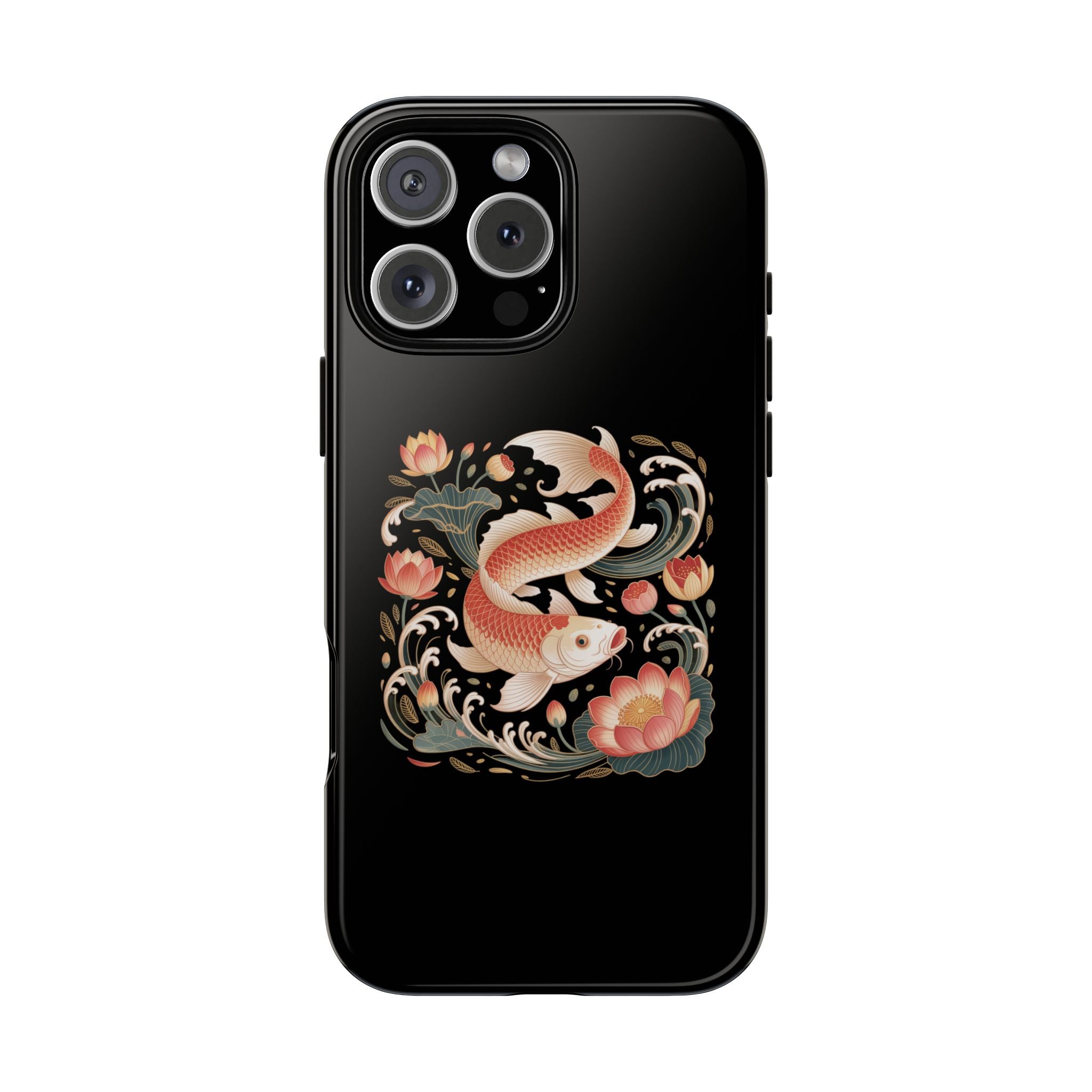 Koi Wave Tough Phone Case — Protective Black Case with Lotus & Koi Fish Tattoo Design