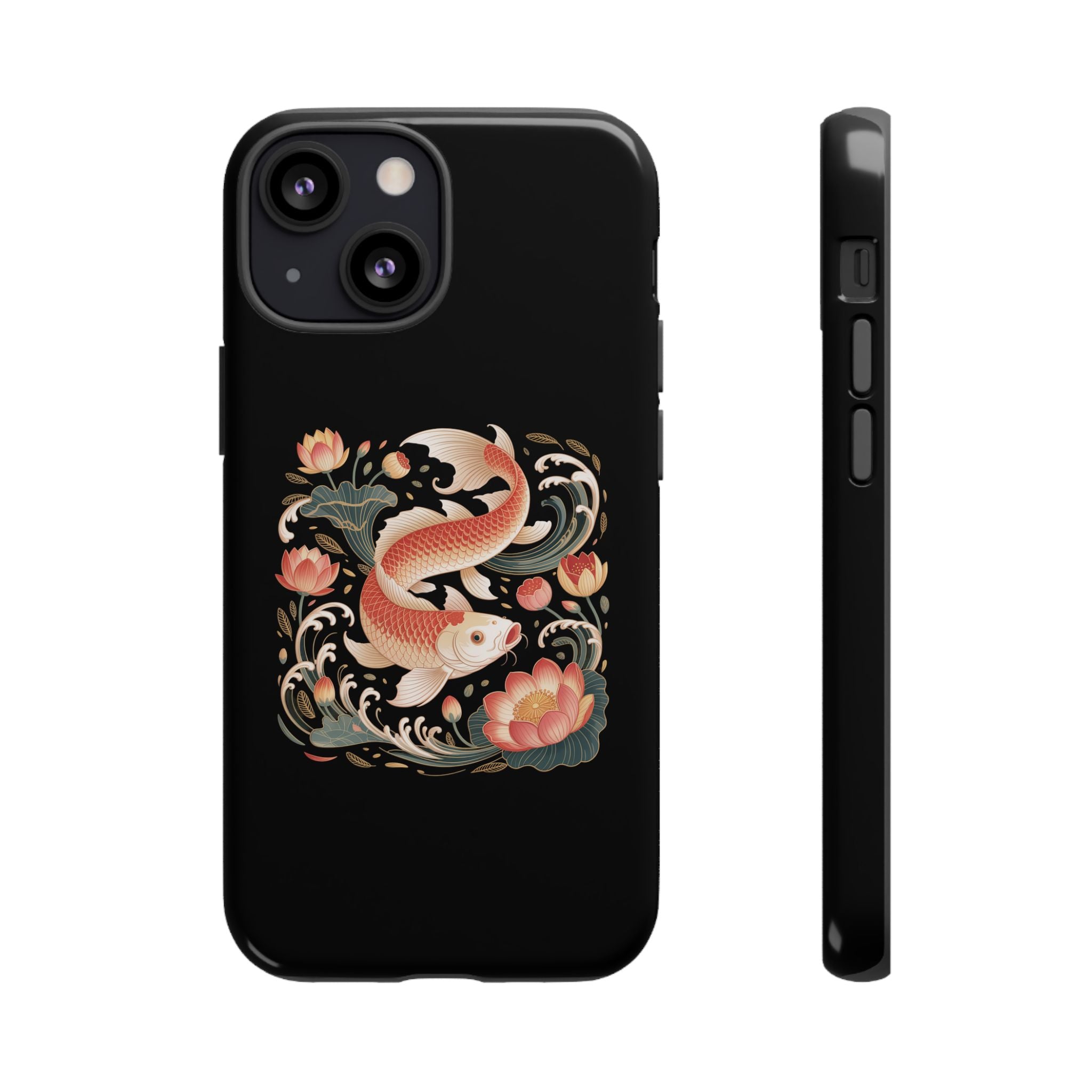 Koi Wave Tough Phone Case — Protective Black Case with Lotus & Koi Fish Tattoo Design