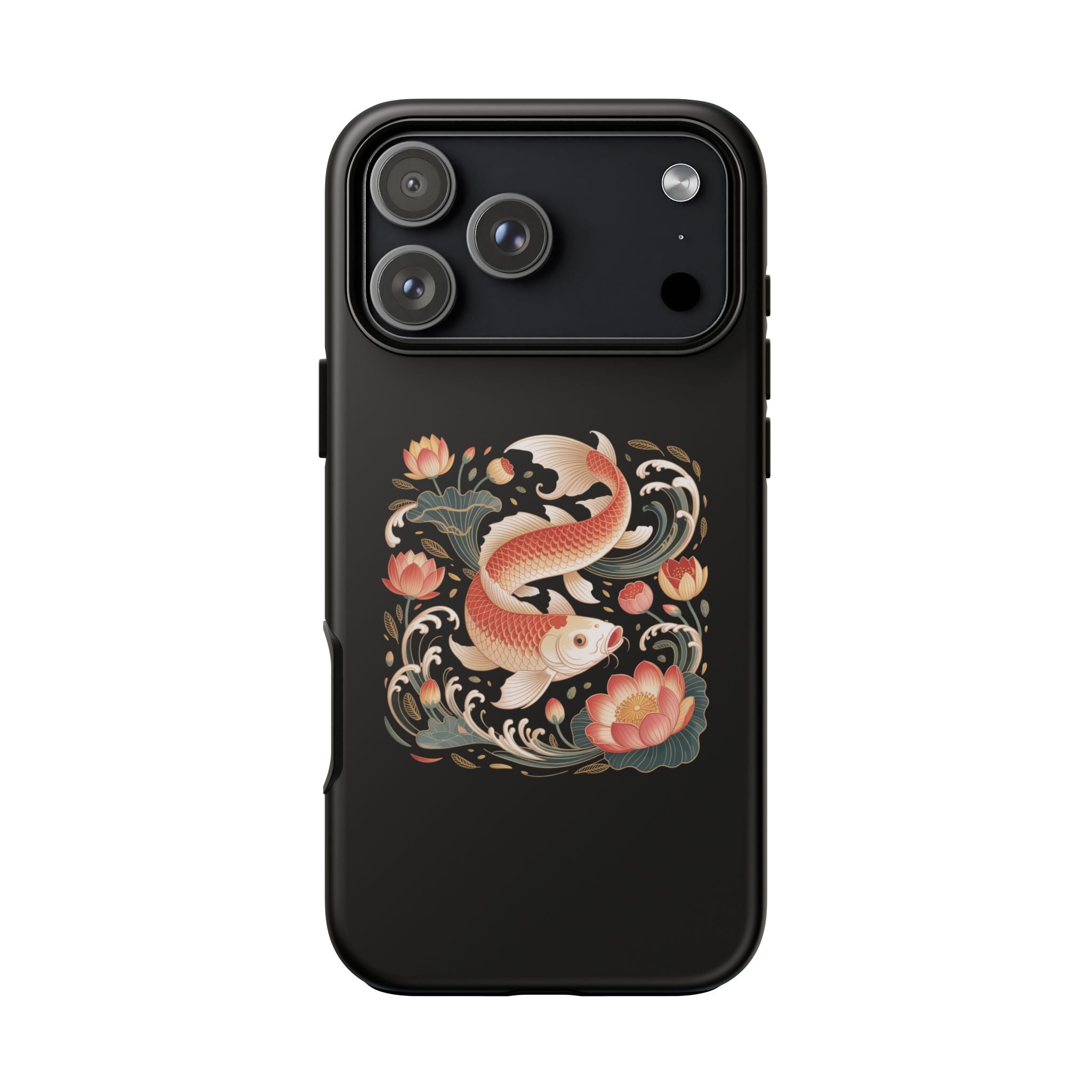 Koi Wave Tough Phone Case — Protective Black Case with Lotus & Koi Fish Tattoo Design