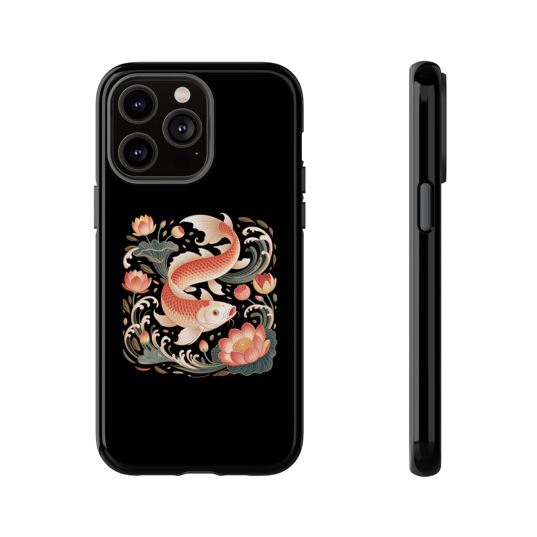 Koi Wave Tough Phone Case — Protective Black Case with Lotus & Koi Fish Tattoo Design