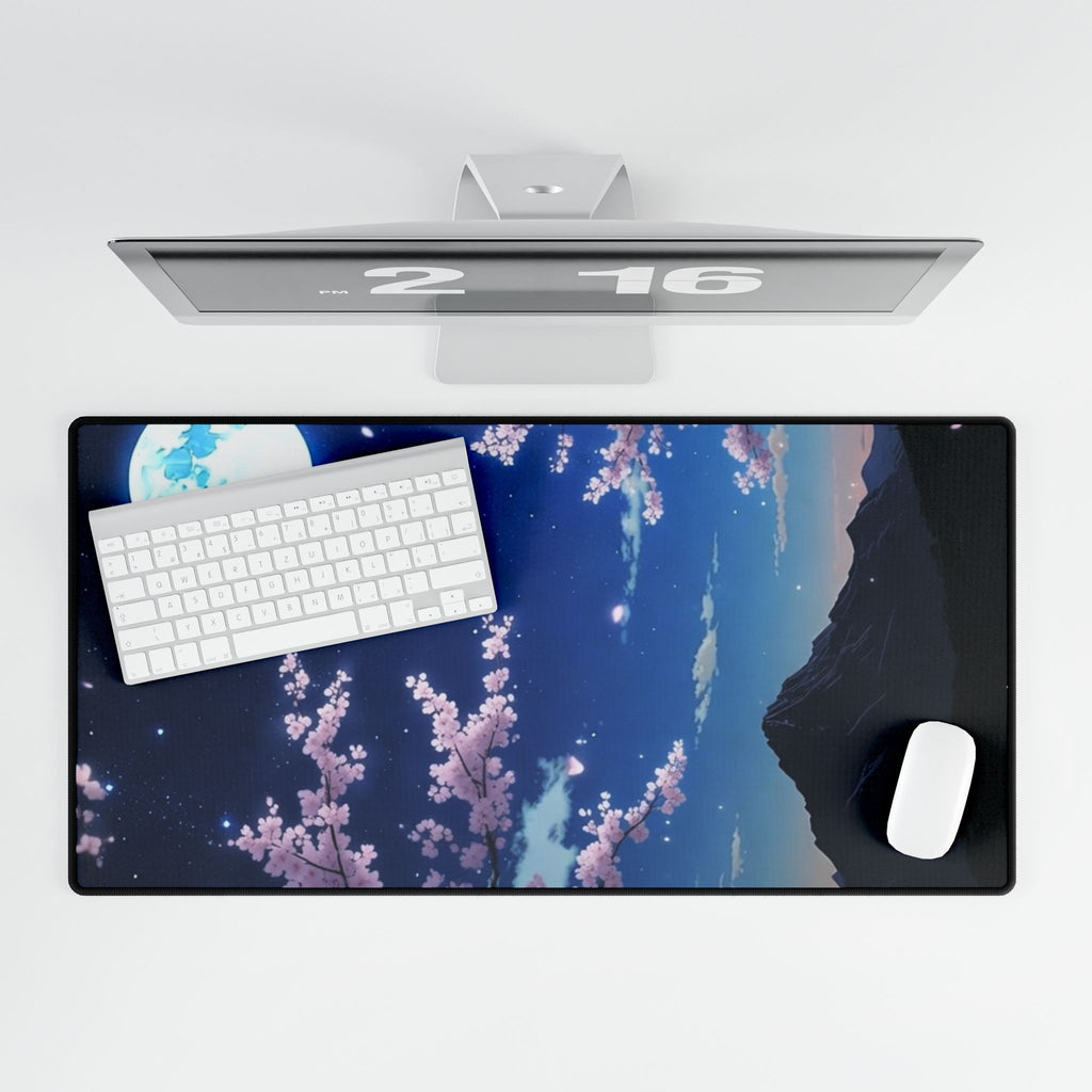 Cherry Blossom Moon Desk Mat — Anime Nightscape Gaming & Office Mousepad