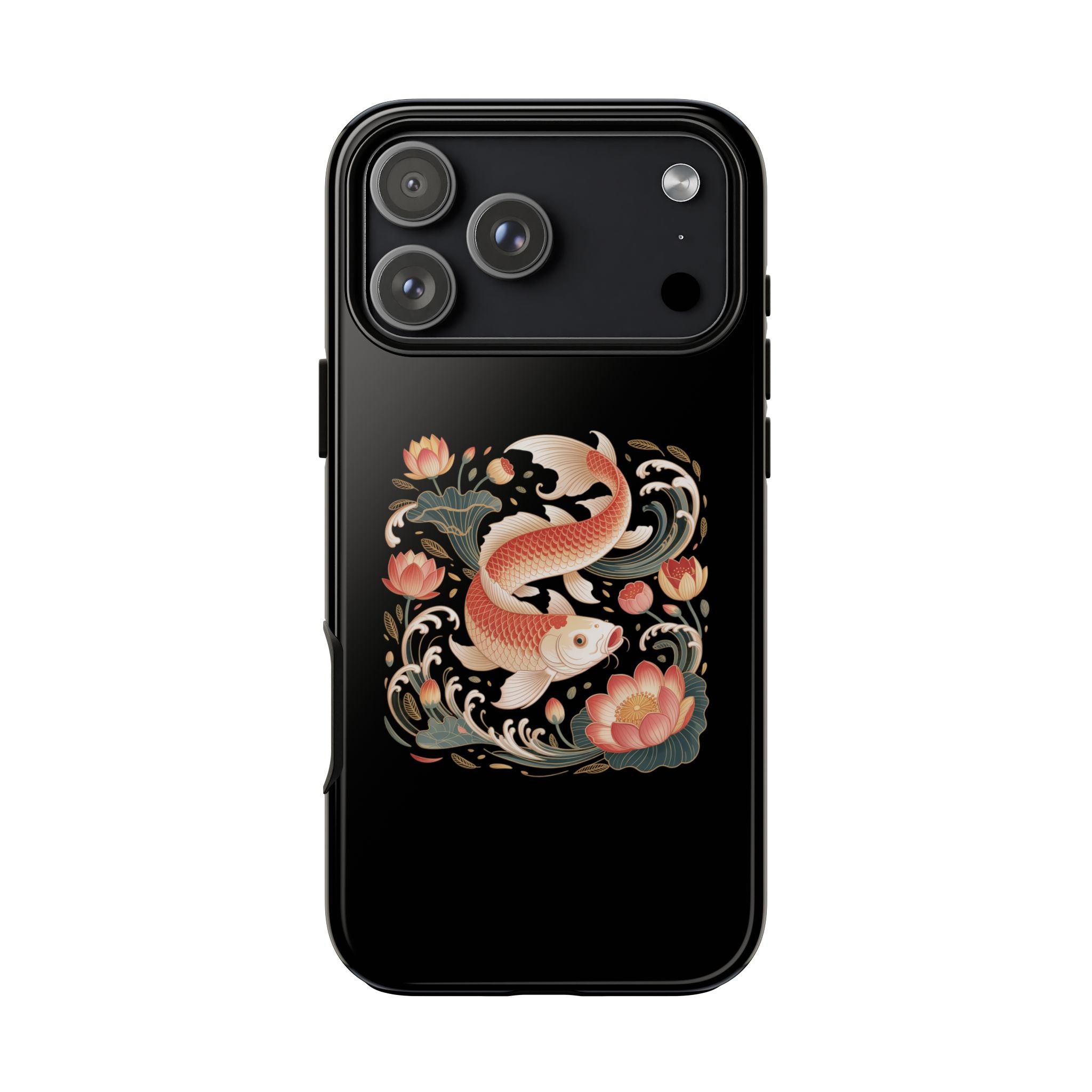 Koi Wave Tough Phone Case — Protective Black Case with Lotus & Koi Fish Tattoo Design