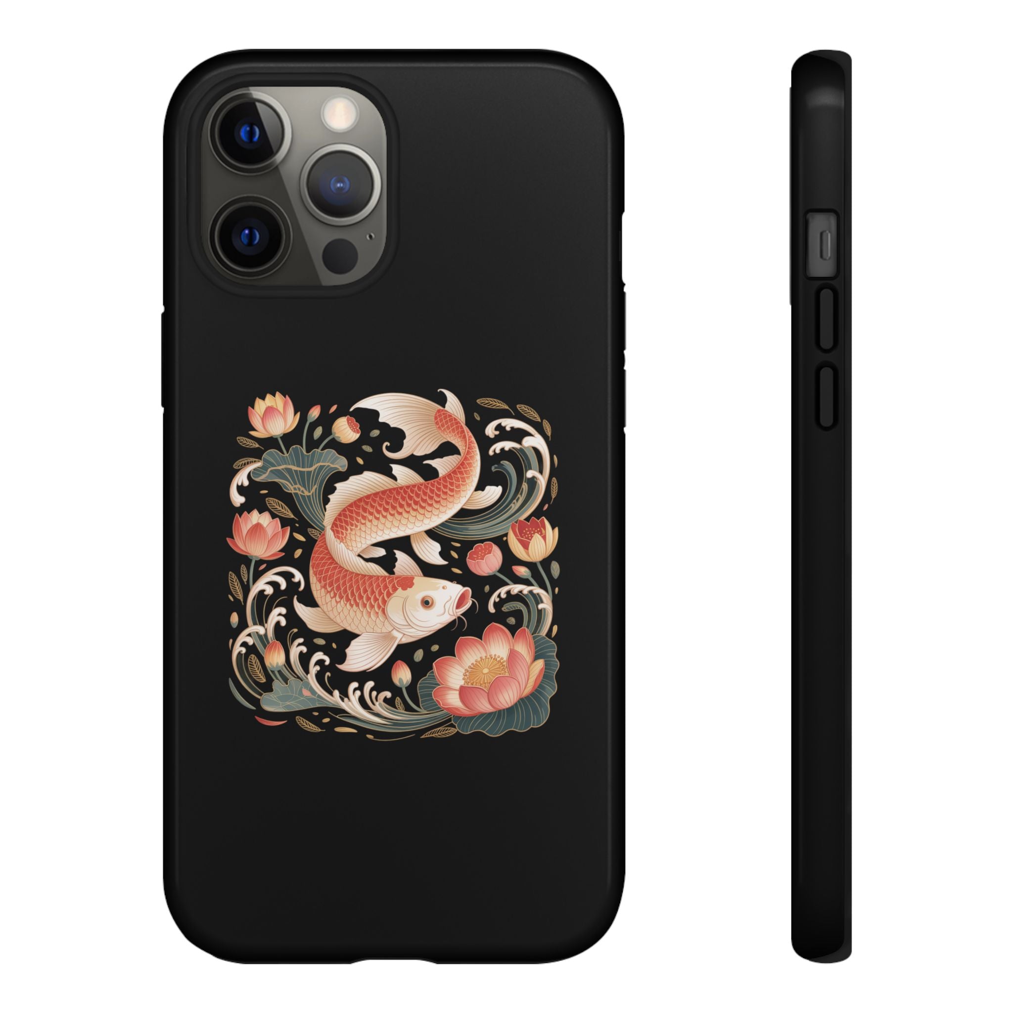 Koi Wave Tough Phone Case — Protective Black Case with Lotus & Koi Fish Tattoo Design