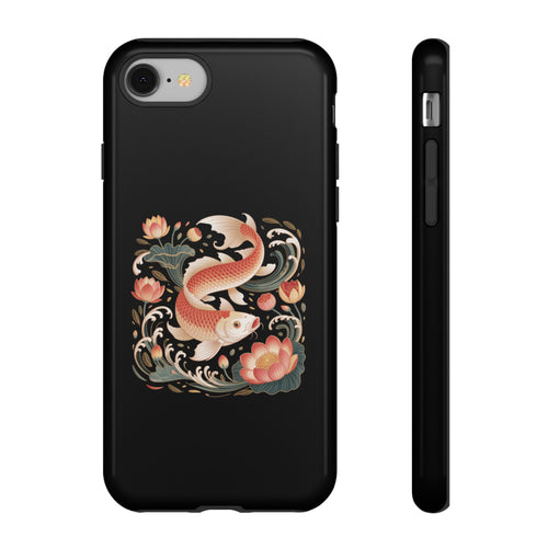 Koi Wave Tough Phone Case — Protective Black Case with Lotus & Koi Fish Tattoo Design