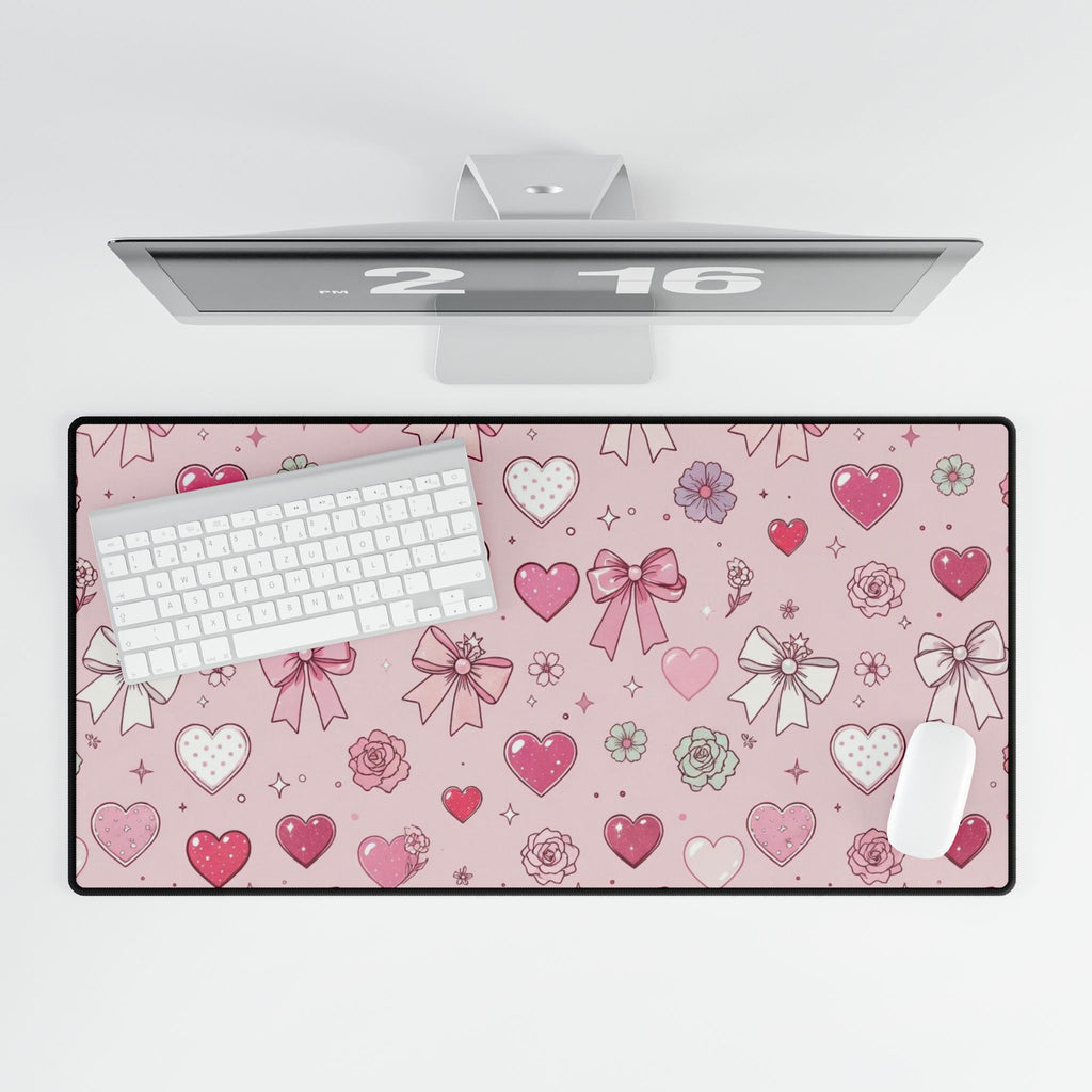 Pink Hearts & Bows Desk Mat — Cute Romantic XL Mouse Pad for Valentine’s