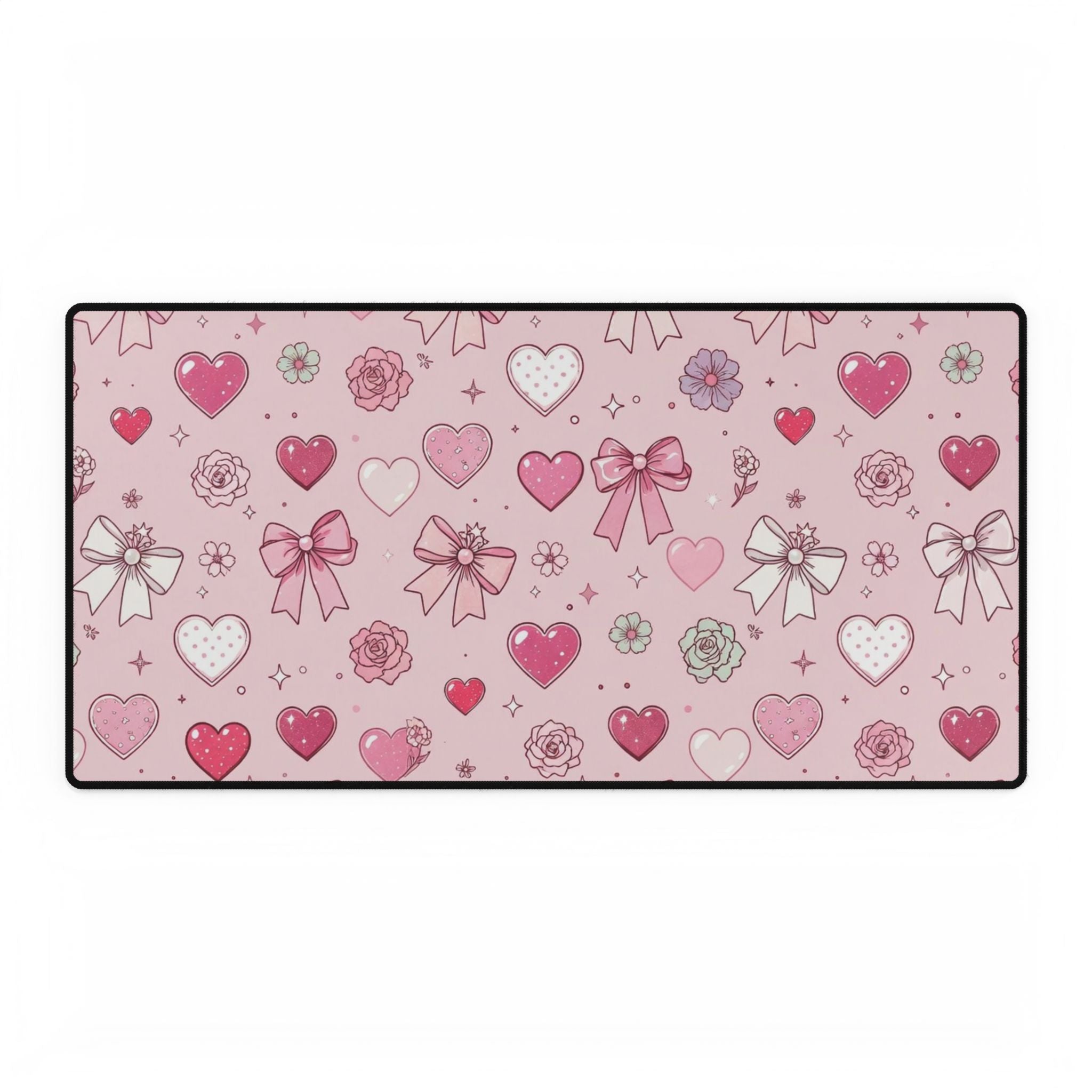 Pink Hearts & Bows Desk Mat — Cute Romantic XL Mouse Pad for Valentine’s