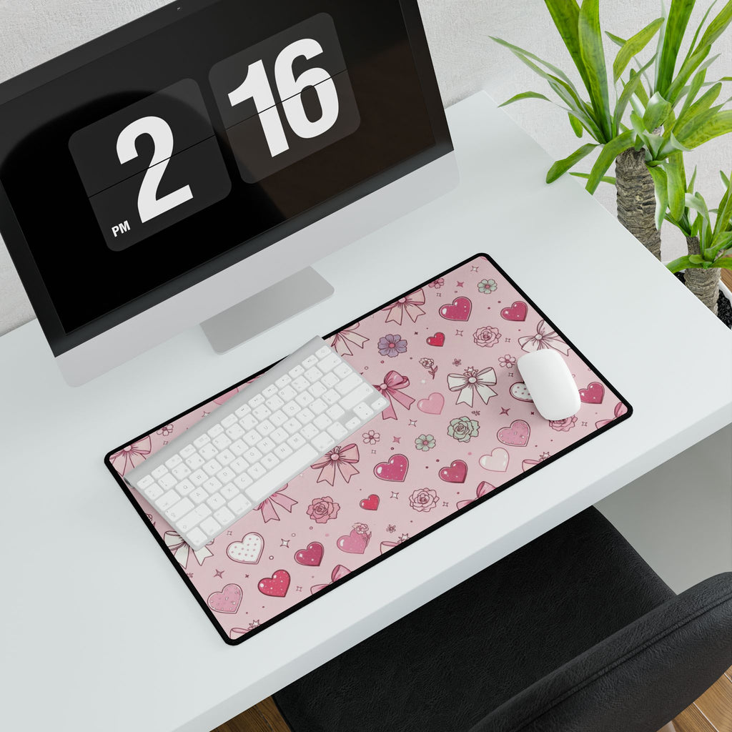 Pink Hearts & Bows Desk Mat — Cute Romantic XL Mouse Pad for Valentine’s