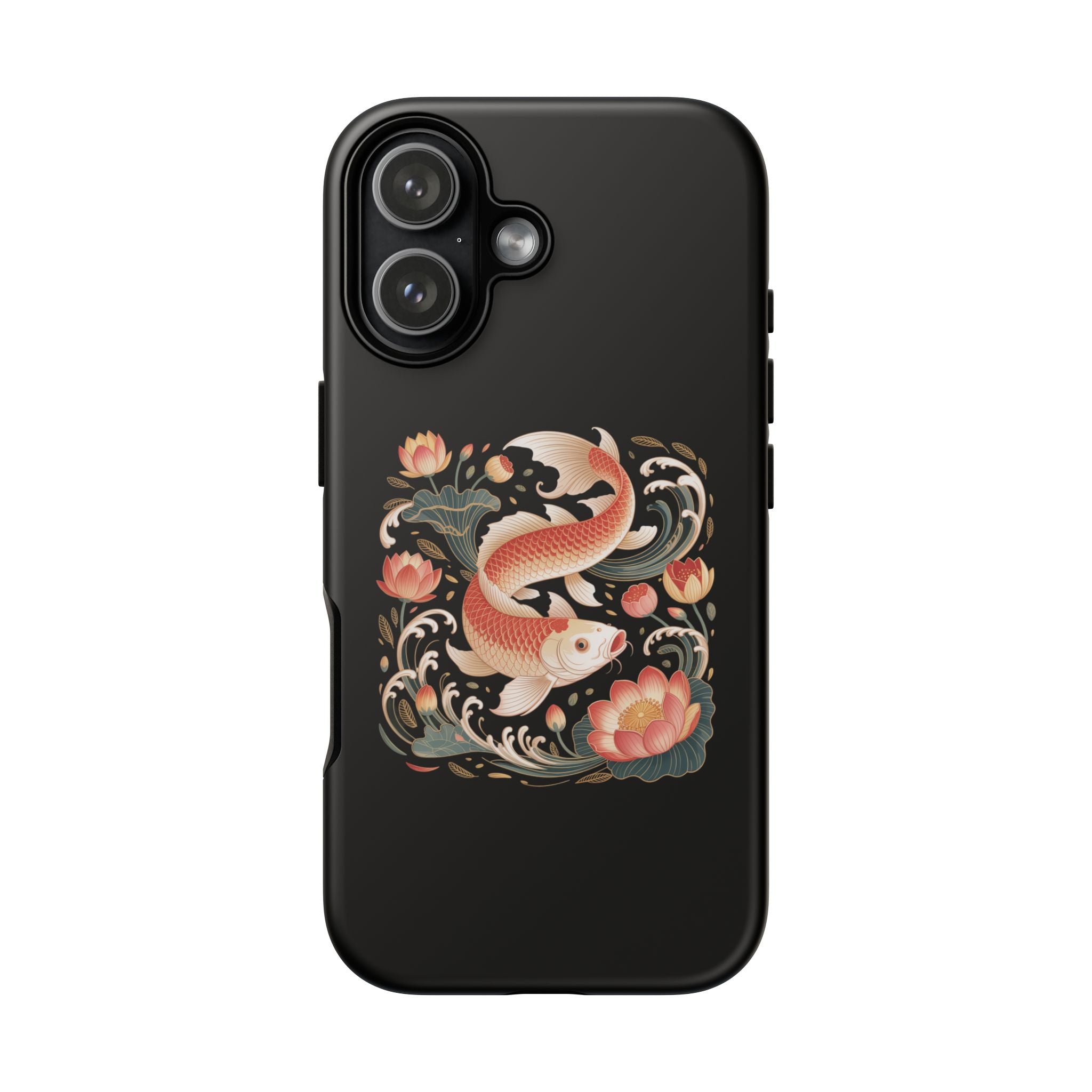 Koi Wave Tough Phone Case — Protective Black Case with Lotus & Koi Fish Tattoo Design