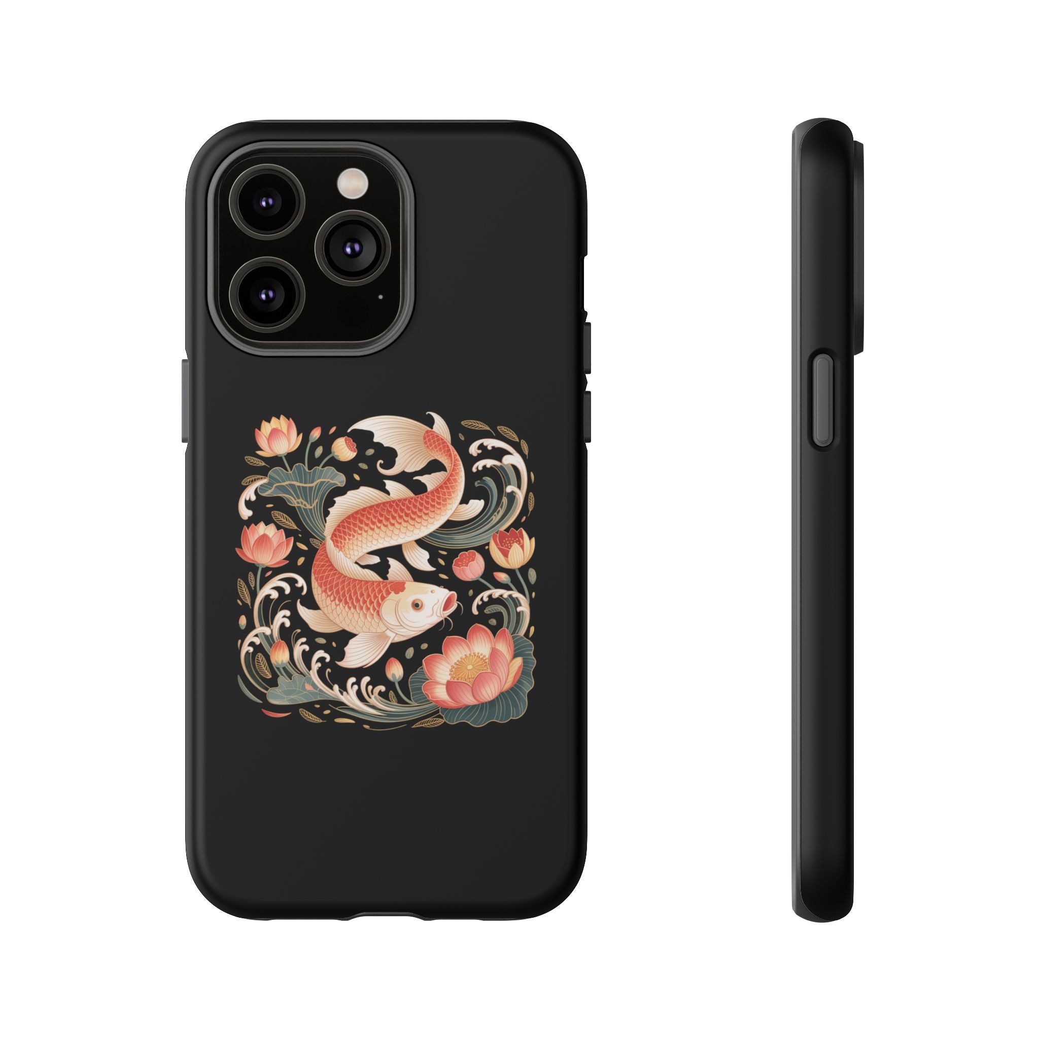 Koi Wave Tough Phone Case — Protective Black Case with Lotus & Koi Fish Tattoo Design