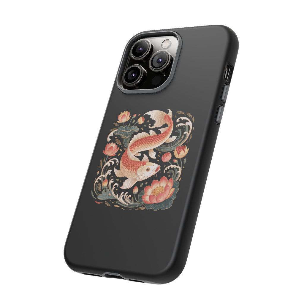 Koi Wave Tough Phone Case — Protective Black Case with Lotus & Koi Fish Tattoo Design