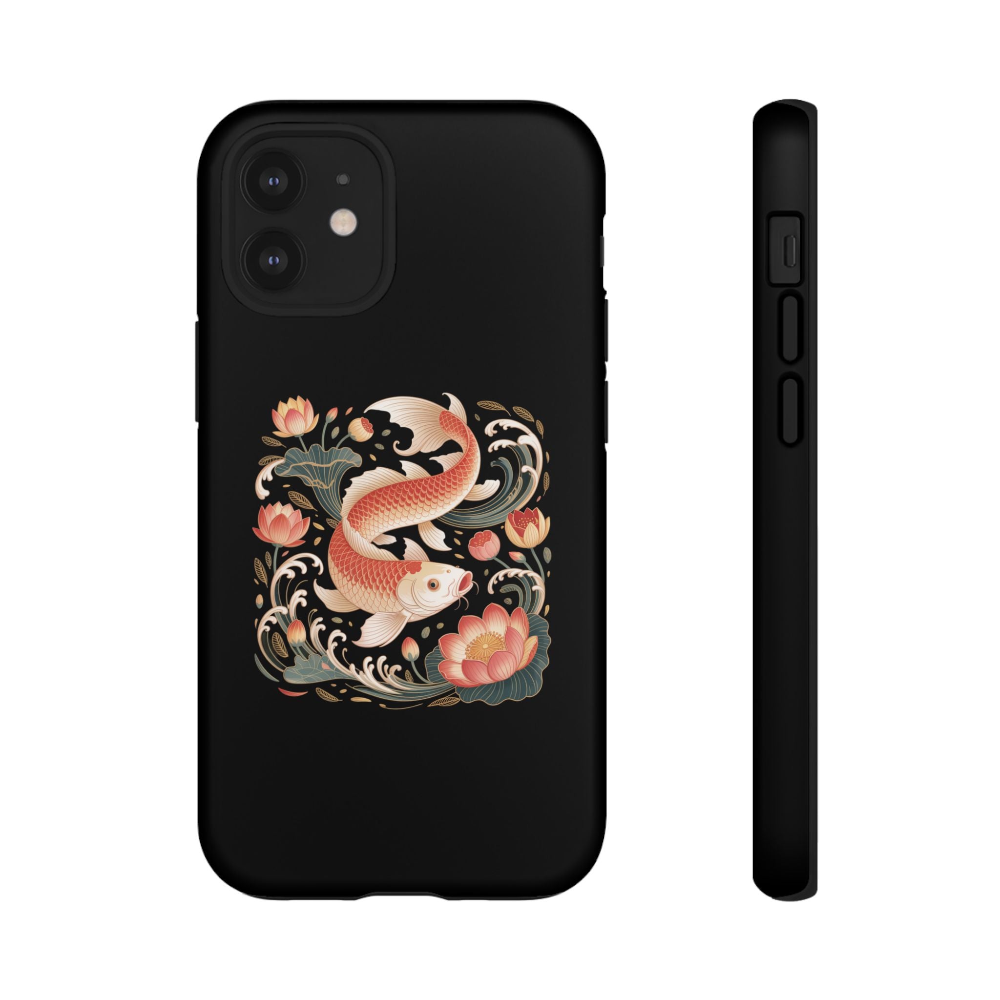 Koi Wave Tough Phone Case — Protective Black Case with Lotus & Koi Fish Tattoo Design