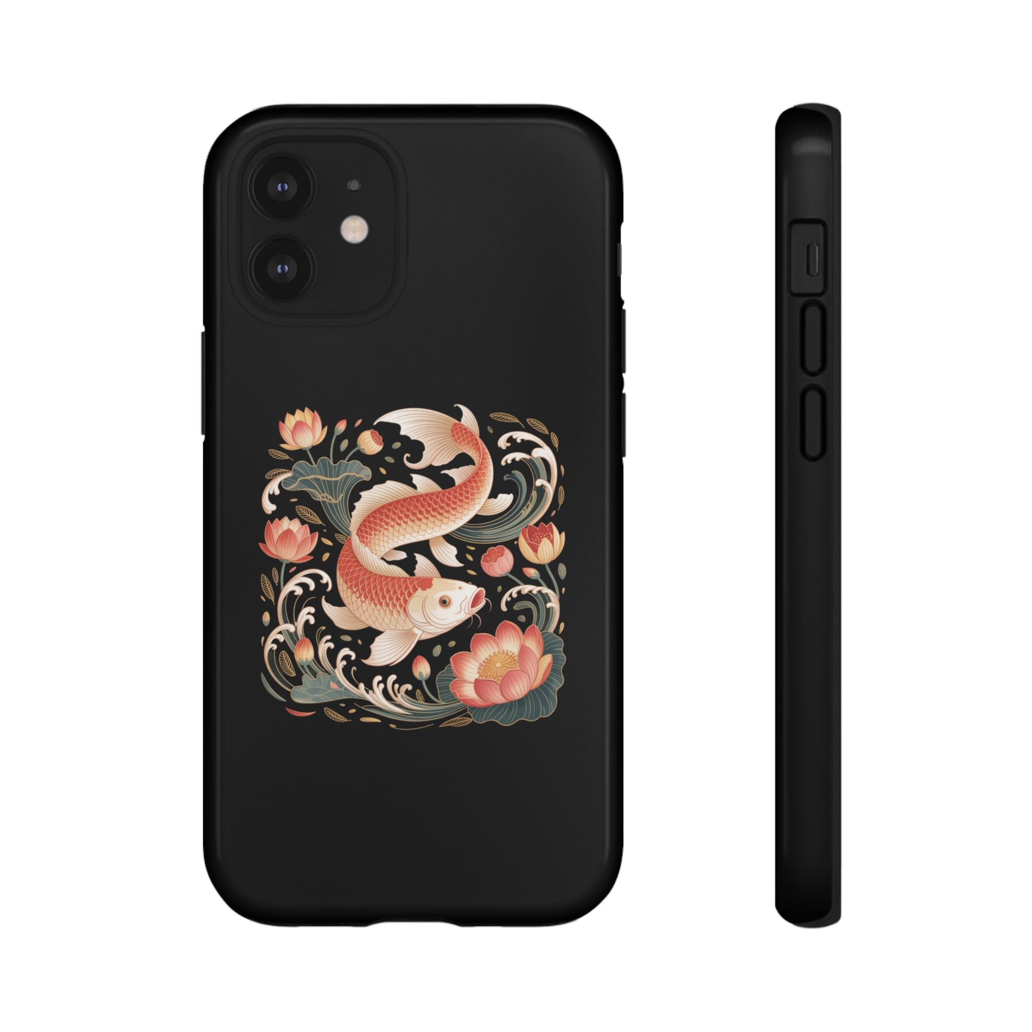 Koi Wave Tough Phone Case — Protective Black Case with Lotus & Koi Fish Tattoo Design
