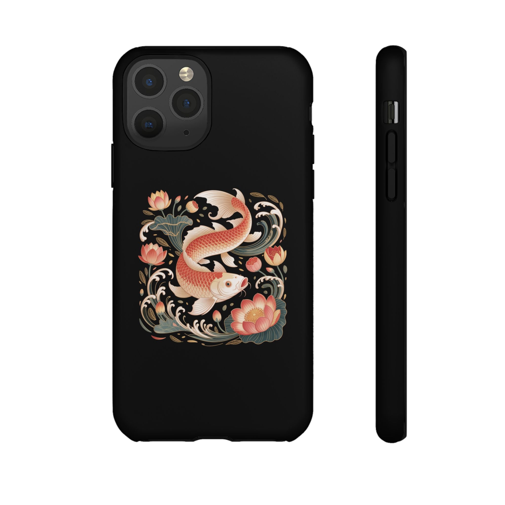 Koi Wave Tough Phone Case — Protective Black Case with Lotus & Koi Fish Tattoo Design
