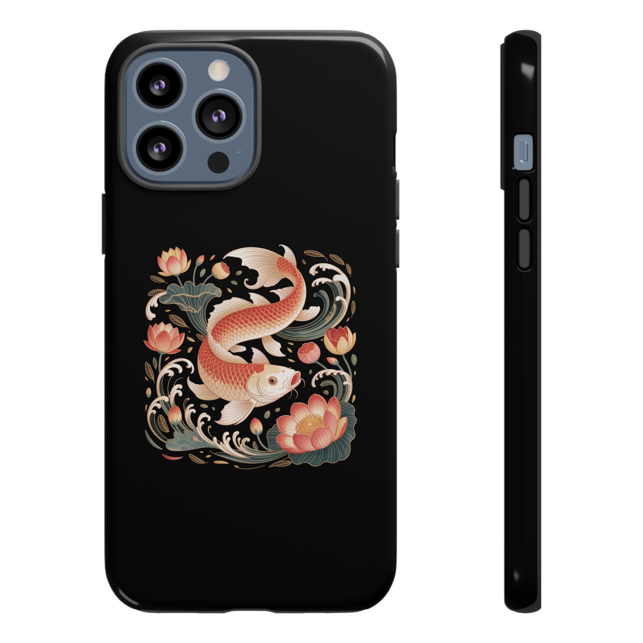 Koi Wave Tough Phone Case — Protective Black Case with Lotus & Koi Fish Tattoo Design
