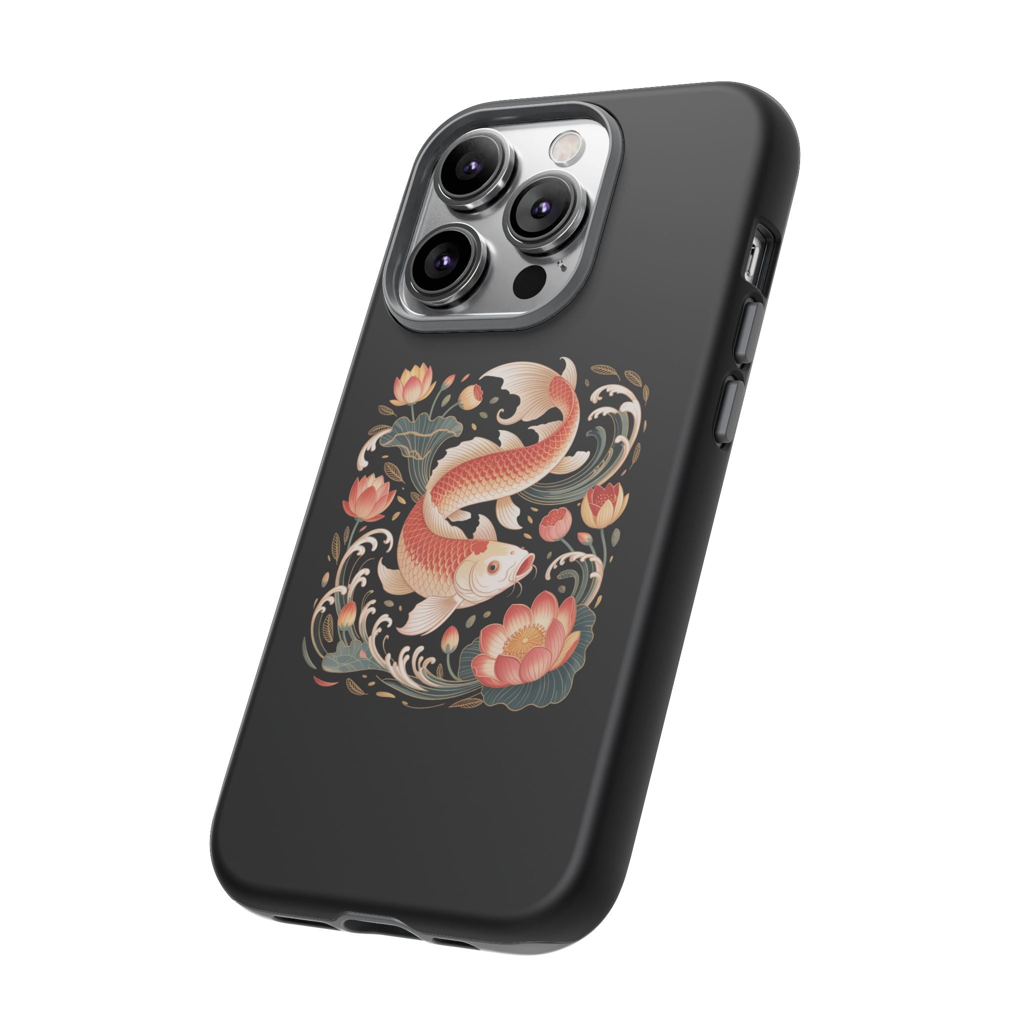 Koi Wave Tough Phone Case — Protective Black Case with Lotus & Koi Fish Tattoo Design