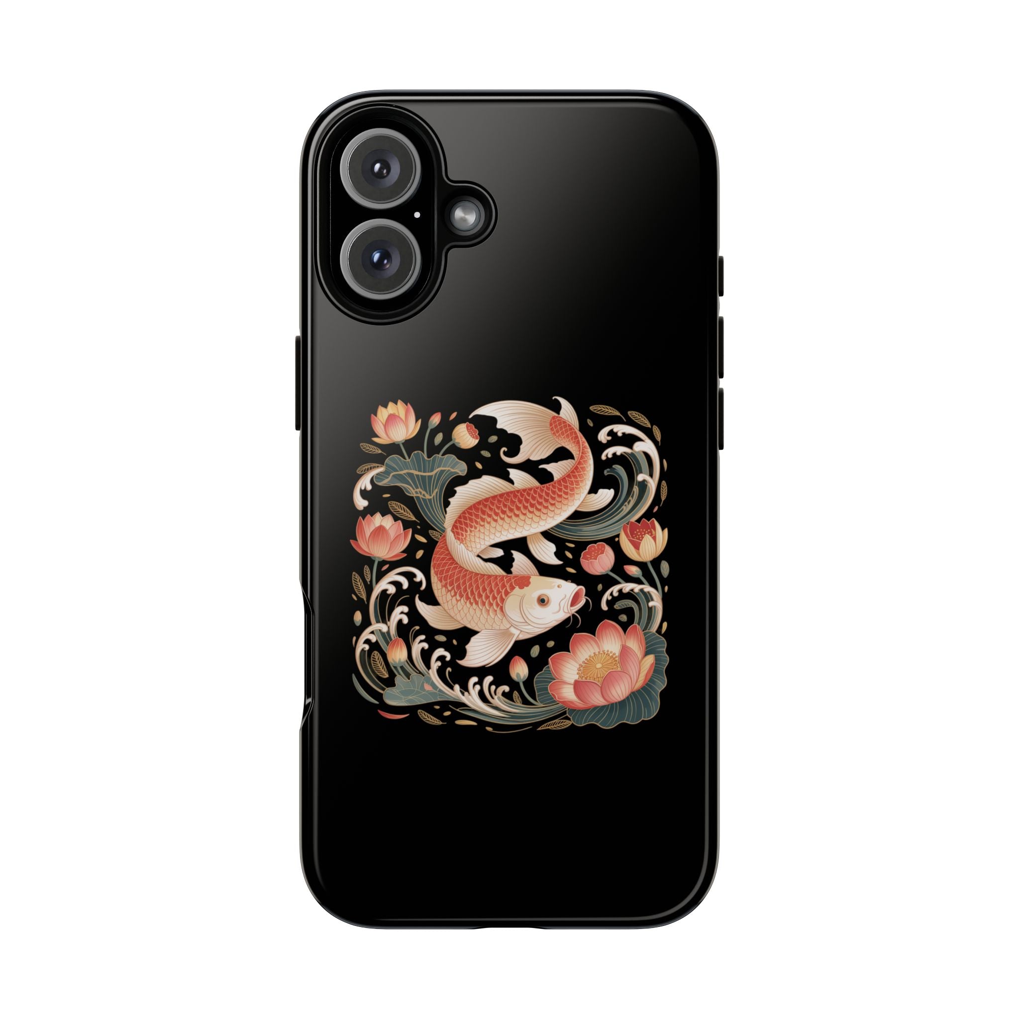 Koi Wave Tough Phone Case — Protective Black Case with Lotus & Koi Fish Tattoo Design