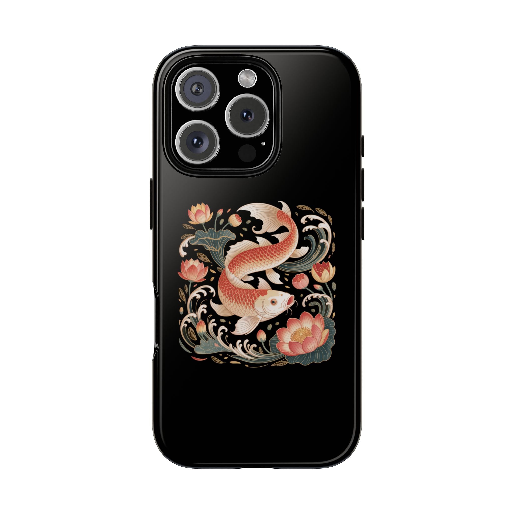 Koi Wave Tough Phone Case — Protective Black Case with Lotus & Koi Fish Tattoo Design