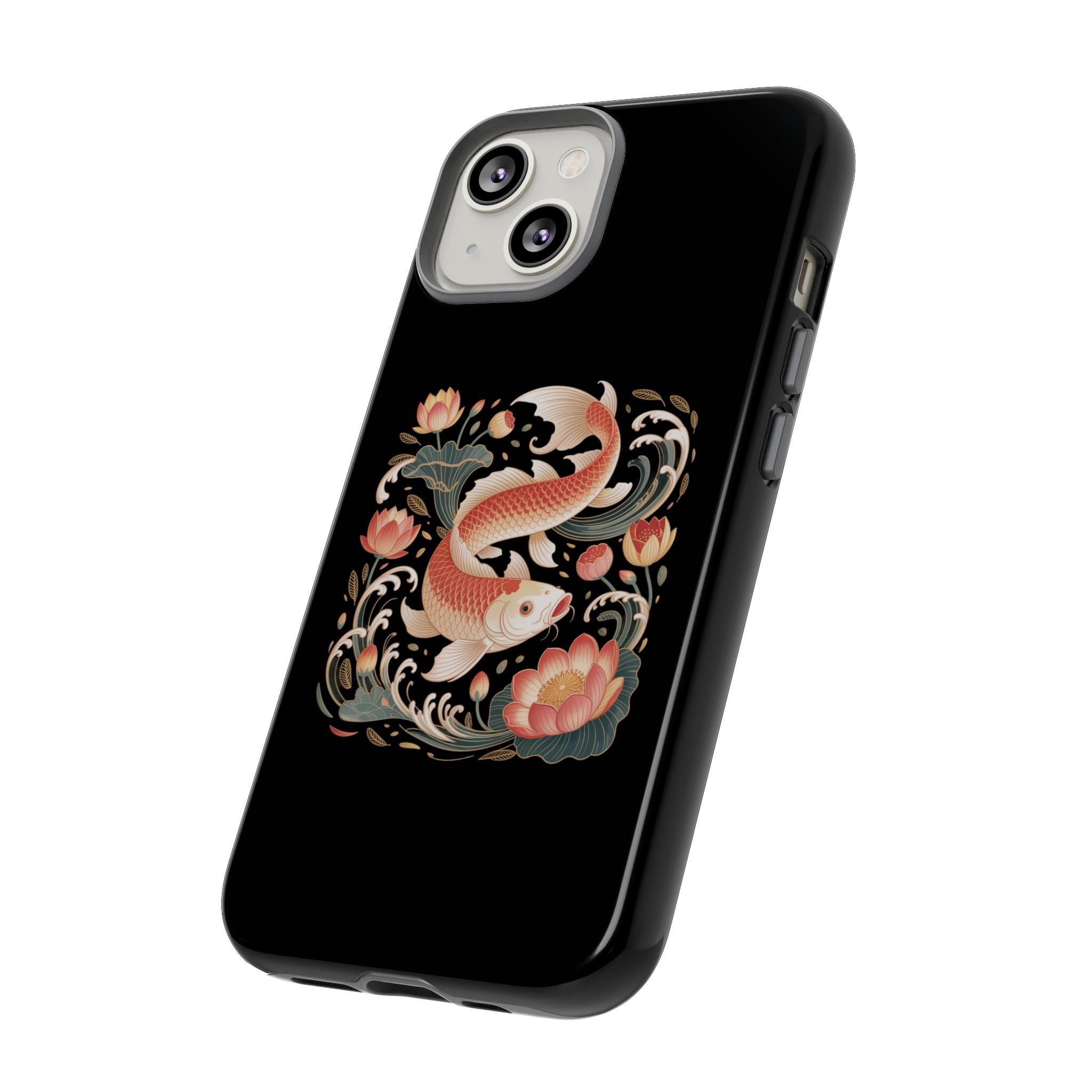 Koi Wave Tough Phone Case — Protective Black Case with Lotus & Koi Fish Tattoo Design