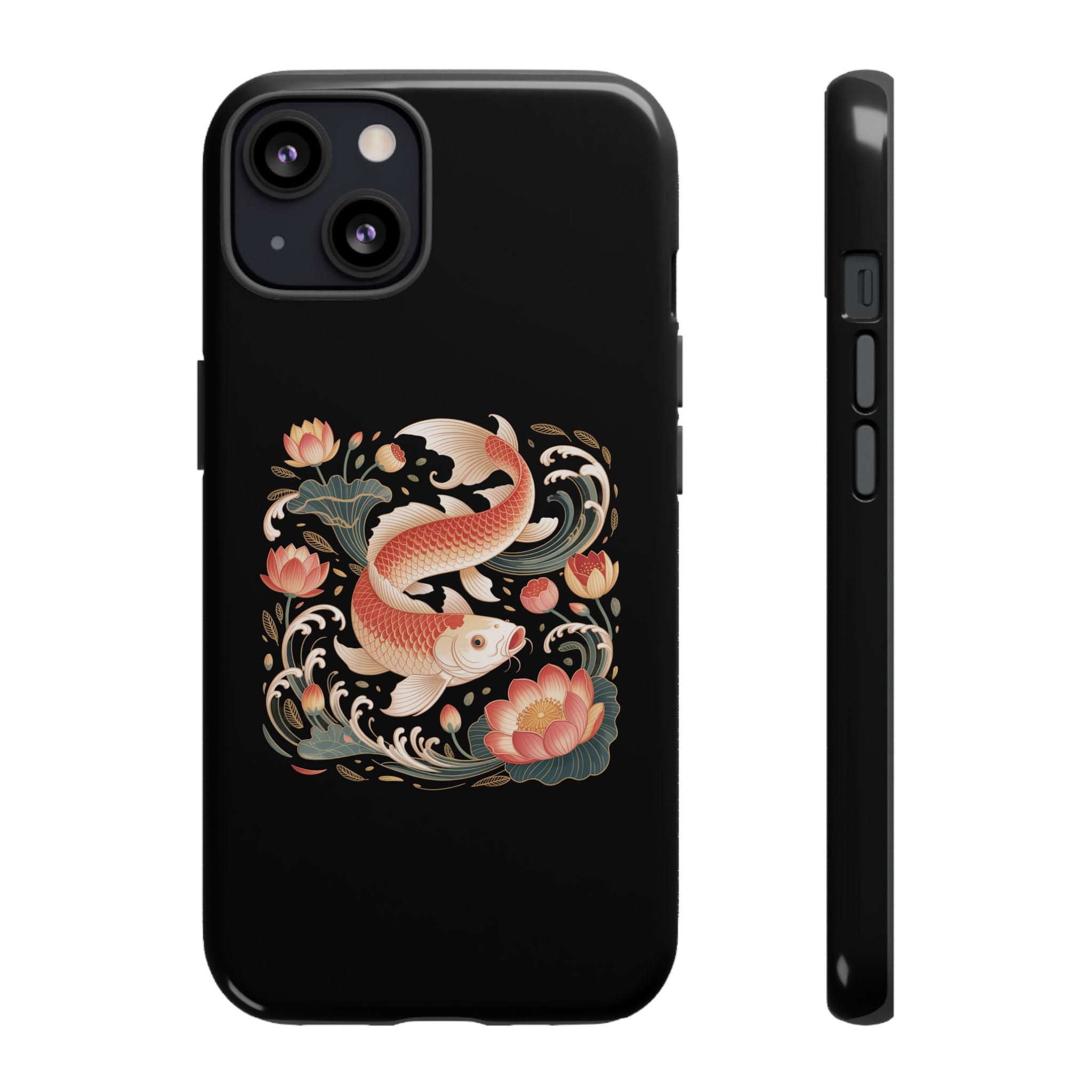 Koi Wave Tough Phone Case — Protective Black Case with Lotus & Koi Fish Tattoo Design