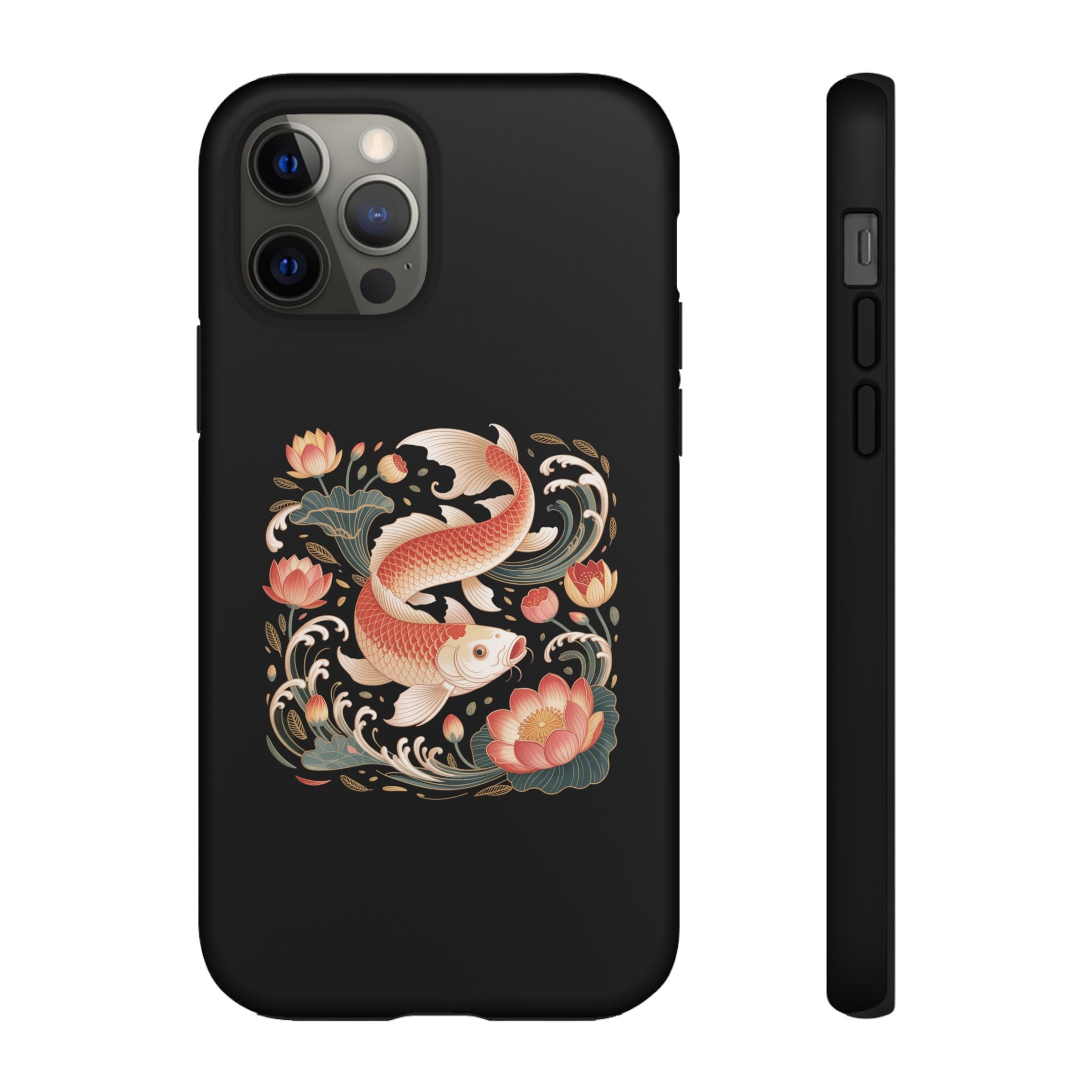 Koi Wave Tough Phone Case — Protective Black Case with Lotus & Koi Fish Tattoo Design