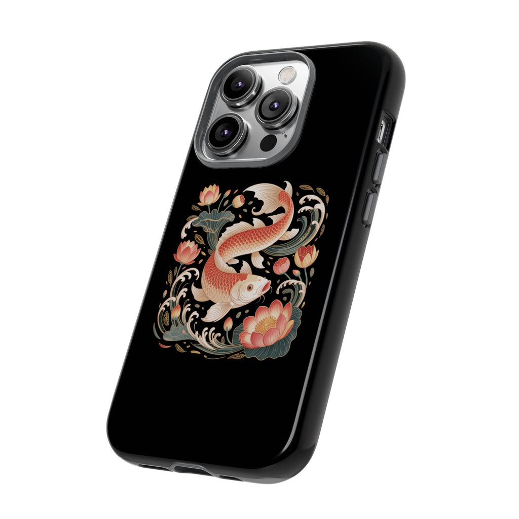 Koi Wave Tough Phone Case — Protective Black Case with Lotus & Koi Fish Tattoo Design