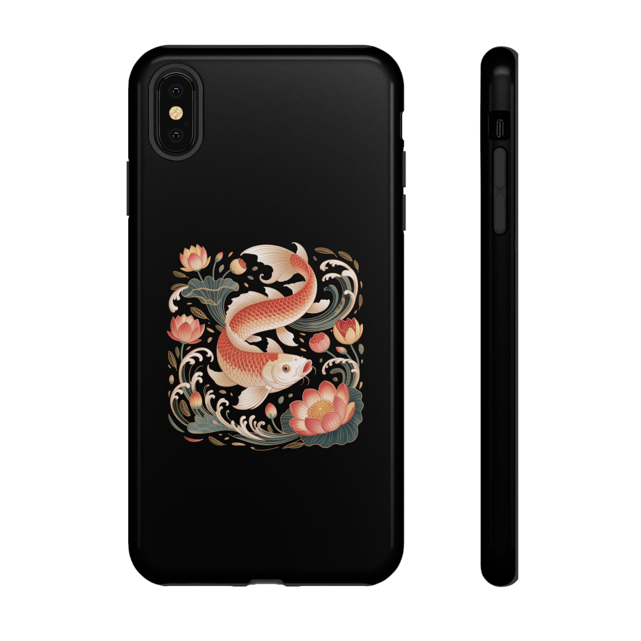 Koi Wave Tough Phone Case — Protective Black Case with Lotus & Koi Fish Tattoo Design