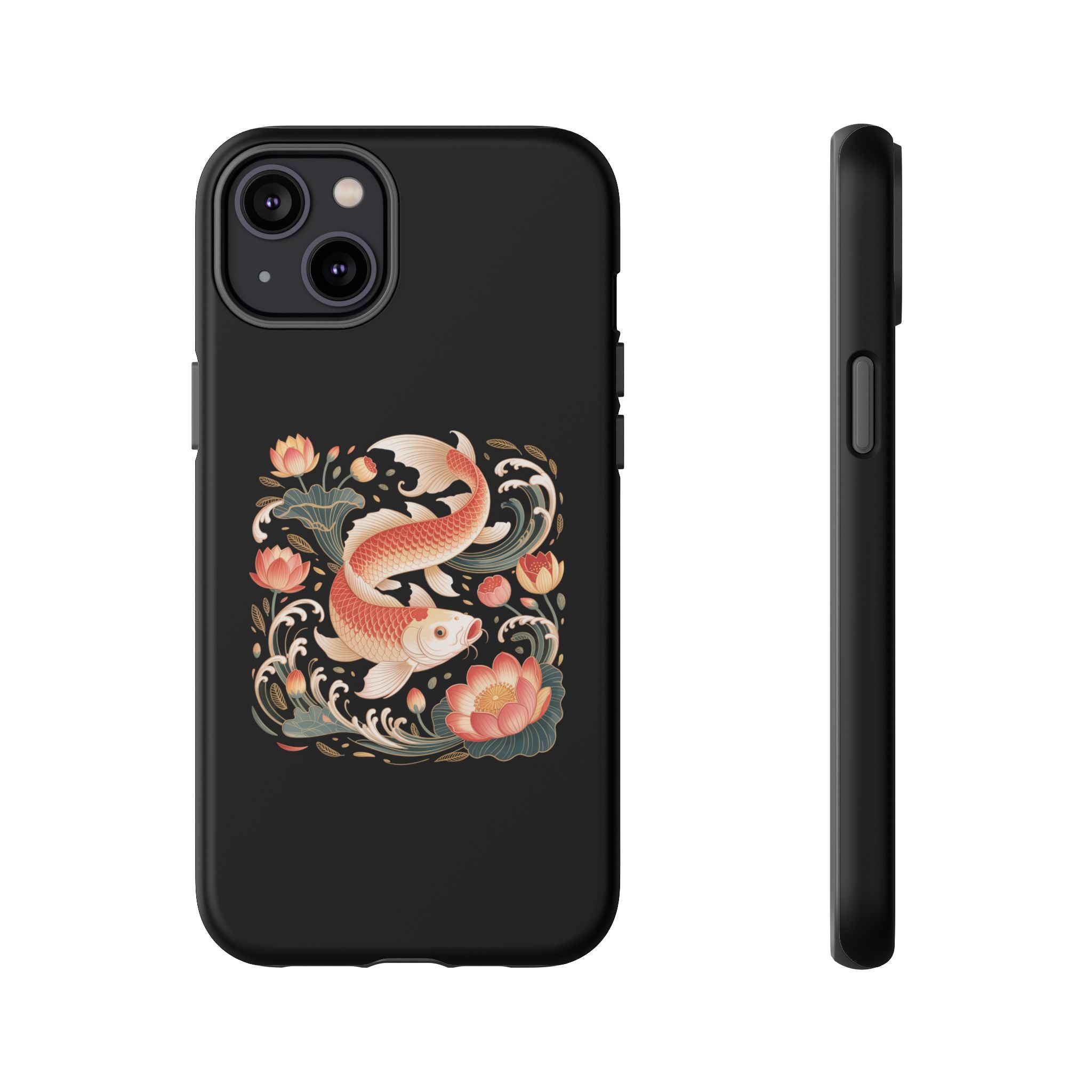 Koi Wave Tough Phone Case — Protective Black Case with Lotus & Koi Fish Tattoo Design