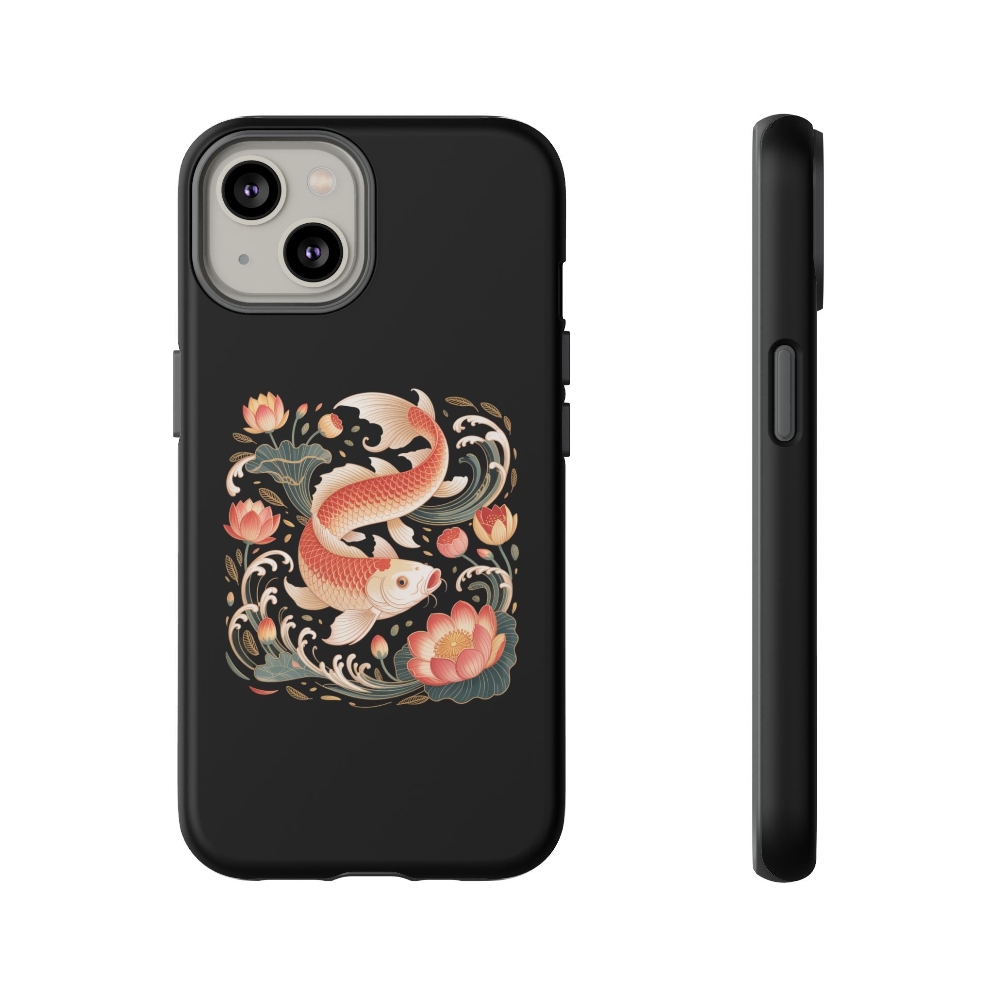 Koi Wave Tough Phone Case — Protective Black Case with Lotus & Koi Fish Tattoo Design