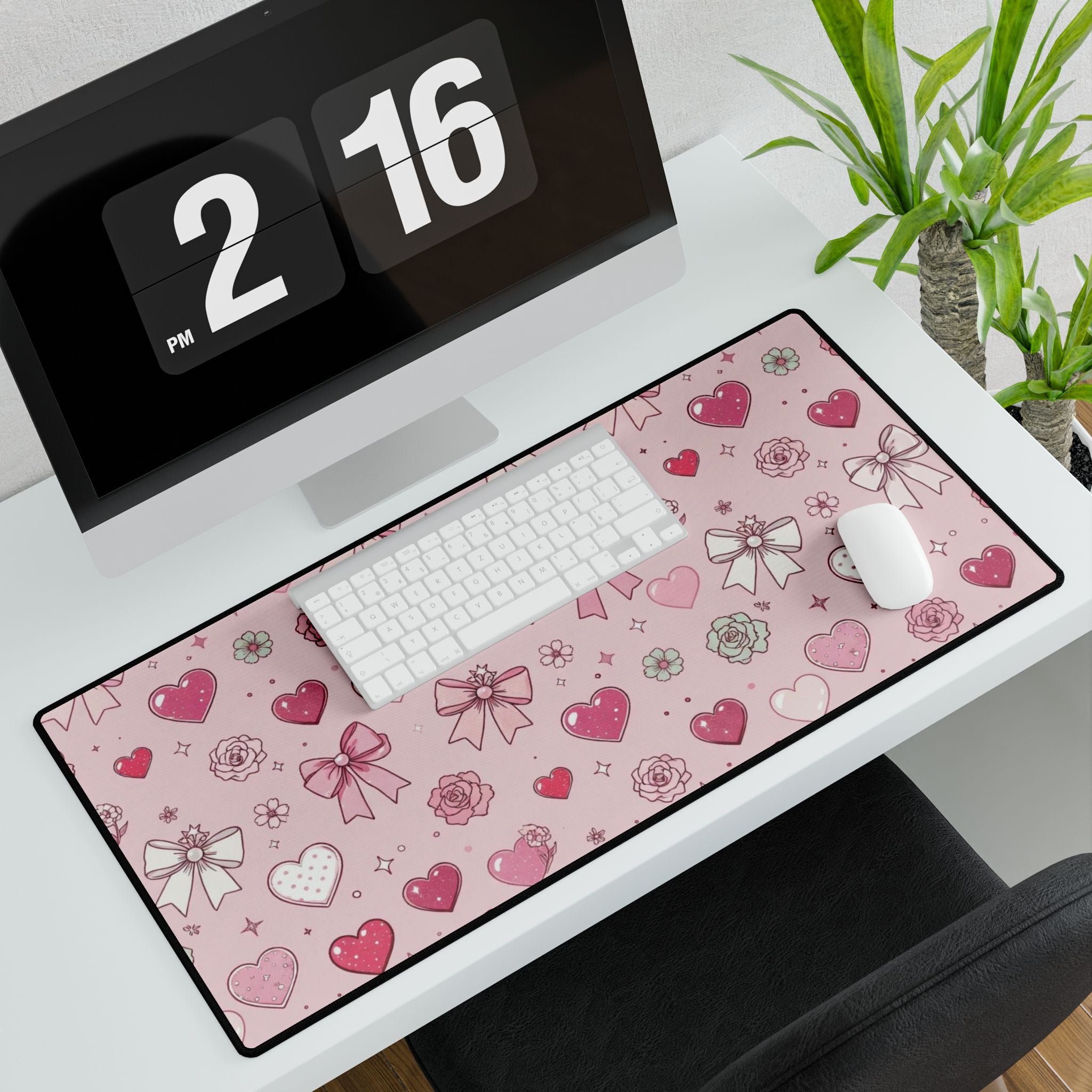 Pink Hearts & Bows Desk Mat — Cute Romantic XL Mouse Pad for Valentine’s